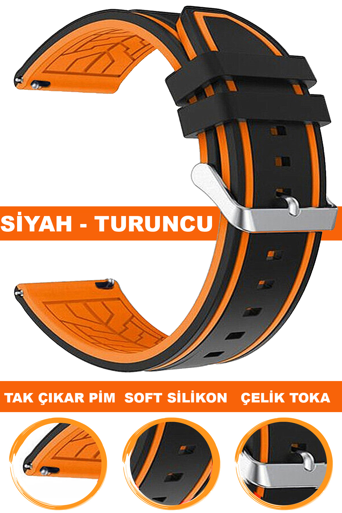 20mm-22mm Siyah-Turuncu Renk Silikon Saat Kordonu Kayışı A55