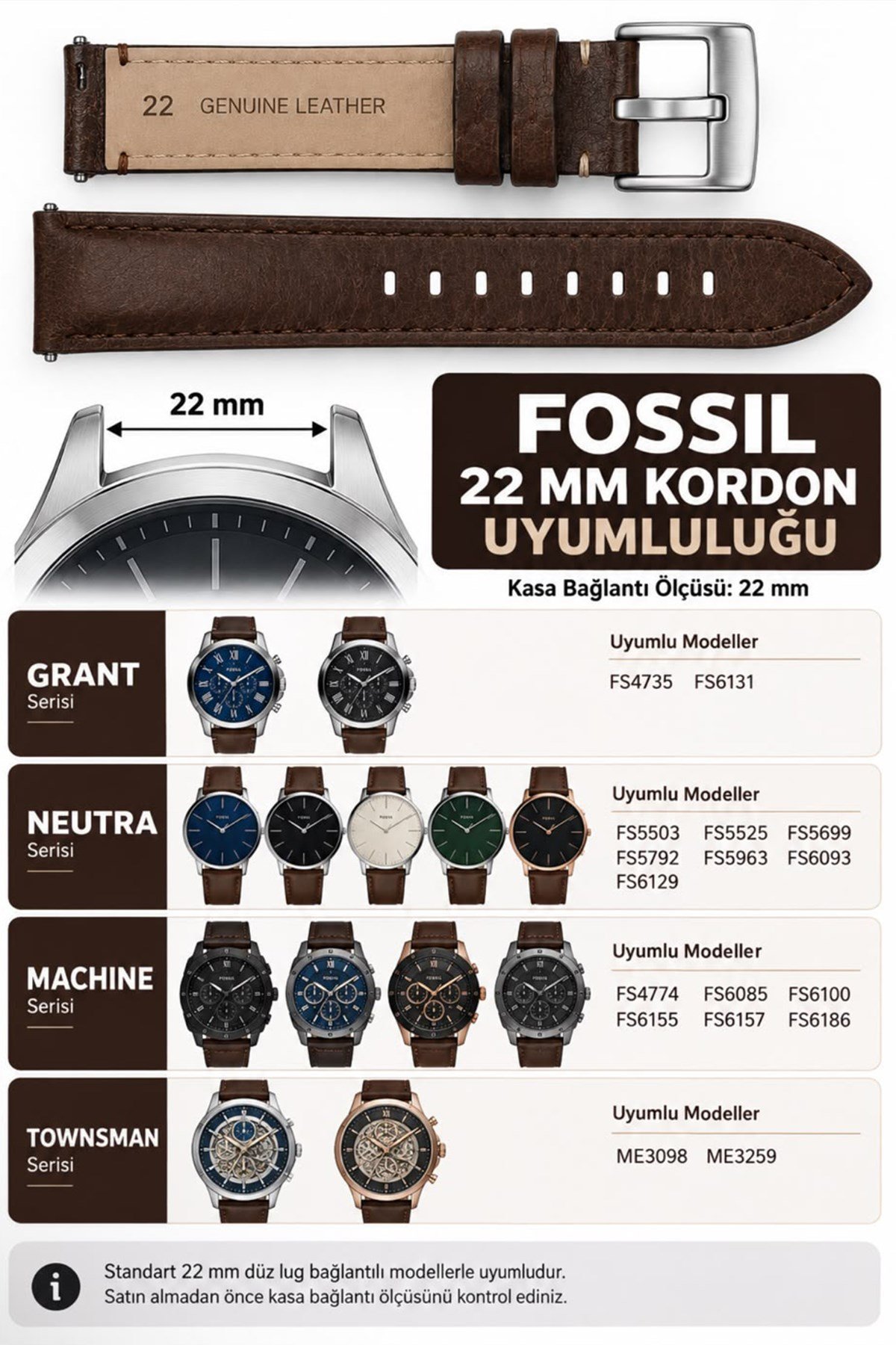22mm Fossil Saatlerle Uyumlu Premium Hakiki Deri Saat Kordonu Kayışı L35FSL