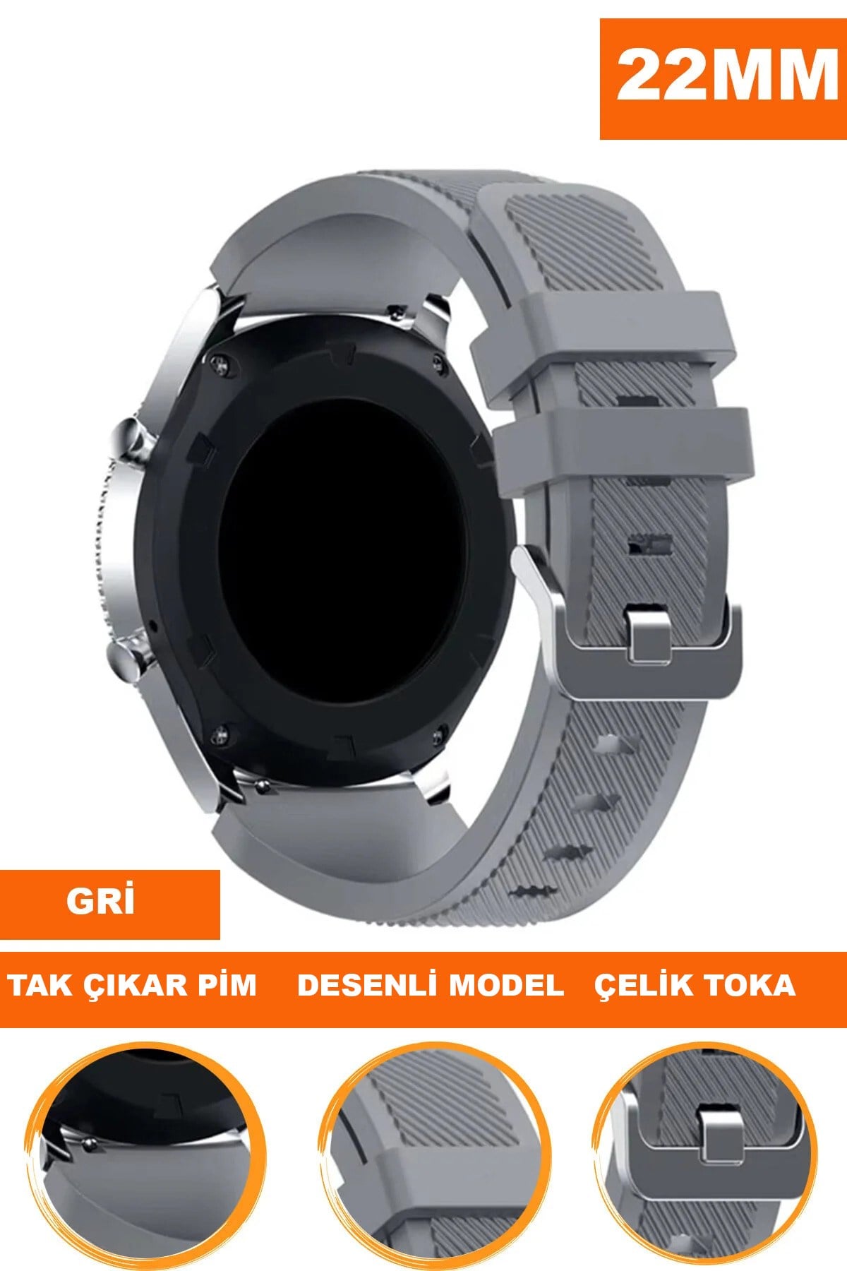 22mm Saatlerle Uyumlu Gri Renk Silikon Saat Kordonu Kayışı A57