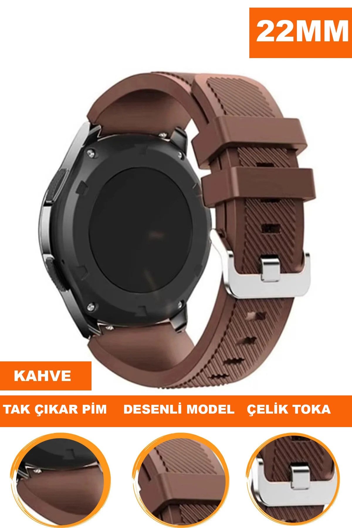 22mm Saatlerle Uyumlu Kahverengi Renk Silikon Saat Kordonu Kayışı A57