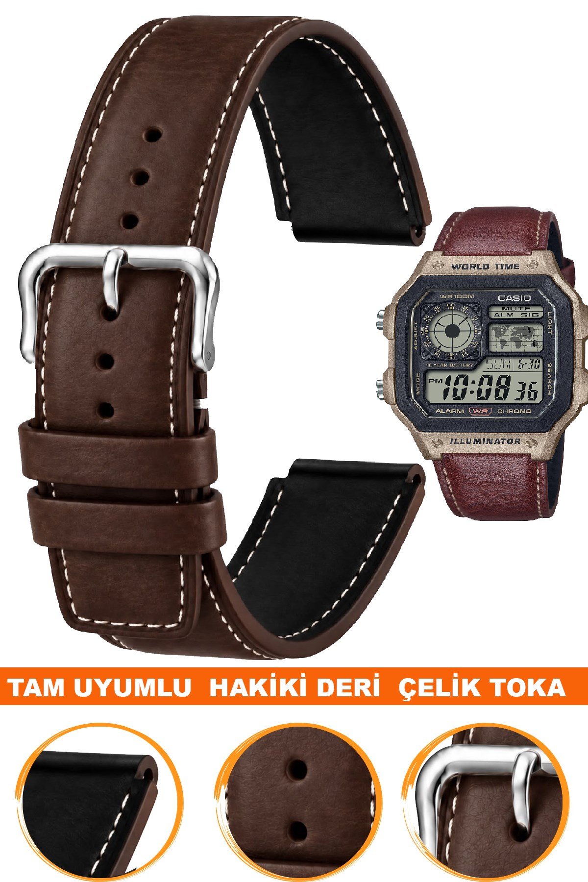 Casio AE-1200WHL-5AVDF Ae-1200 Serileriyle Uyumlu Premium Hakiki Deri Saat Kordonu Kayışı L35CAE