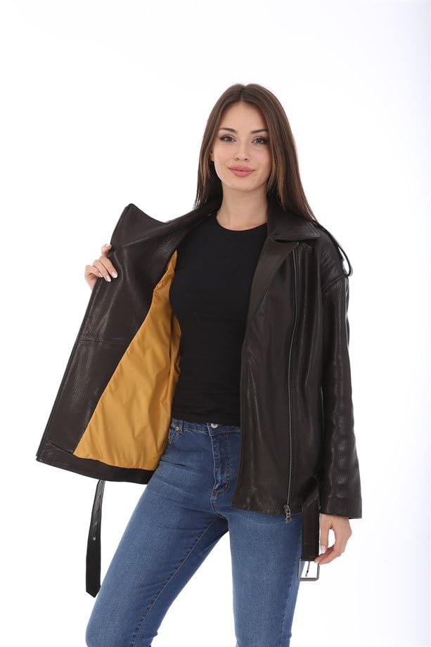 Bayan Gerçek Deri Klasik Biker Mont Siyah BK-1565 - 19928 FA3