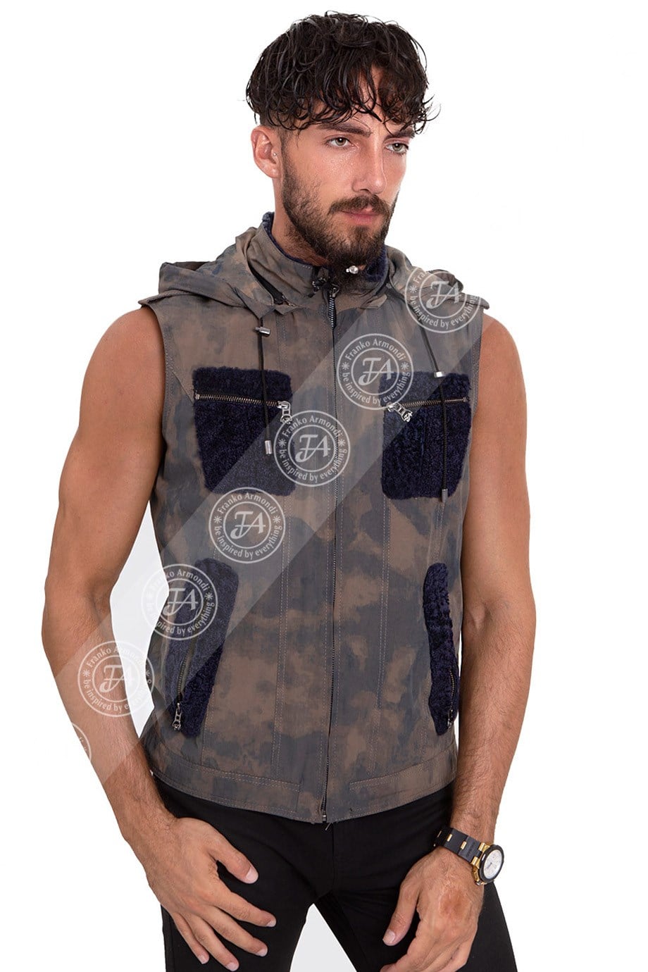 Erkek Gerçek Deri Spor Yelek  Kapşonlu Army Astragan Lacivert YLK-295-18067 FA2