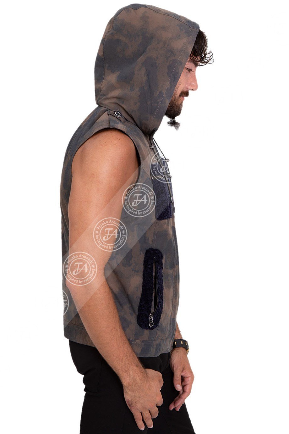 Erkek Gerçek Deri Spor Yelek  Kapşonlu Army Astragan Lacivert YLK-295-18067 FA2