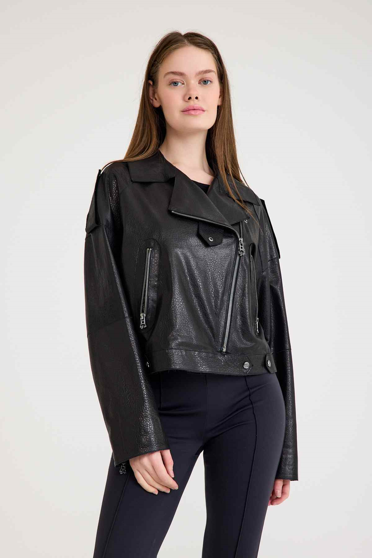 Oversize Bayan Deri Ceket – VB-3 BK-2497 - 23371