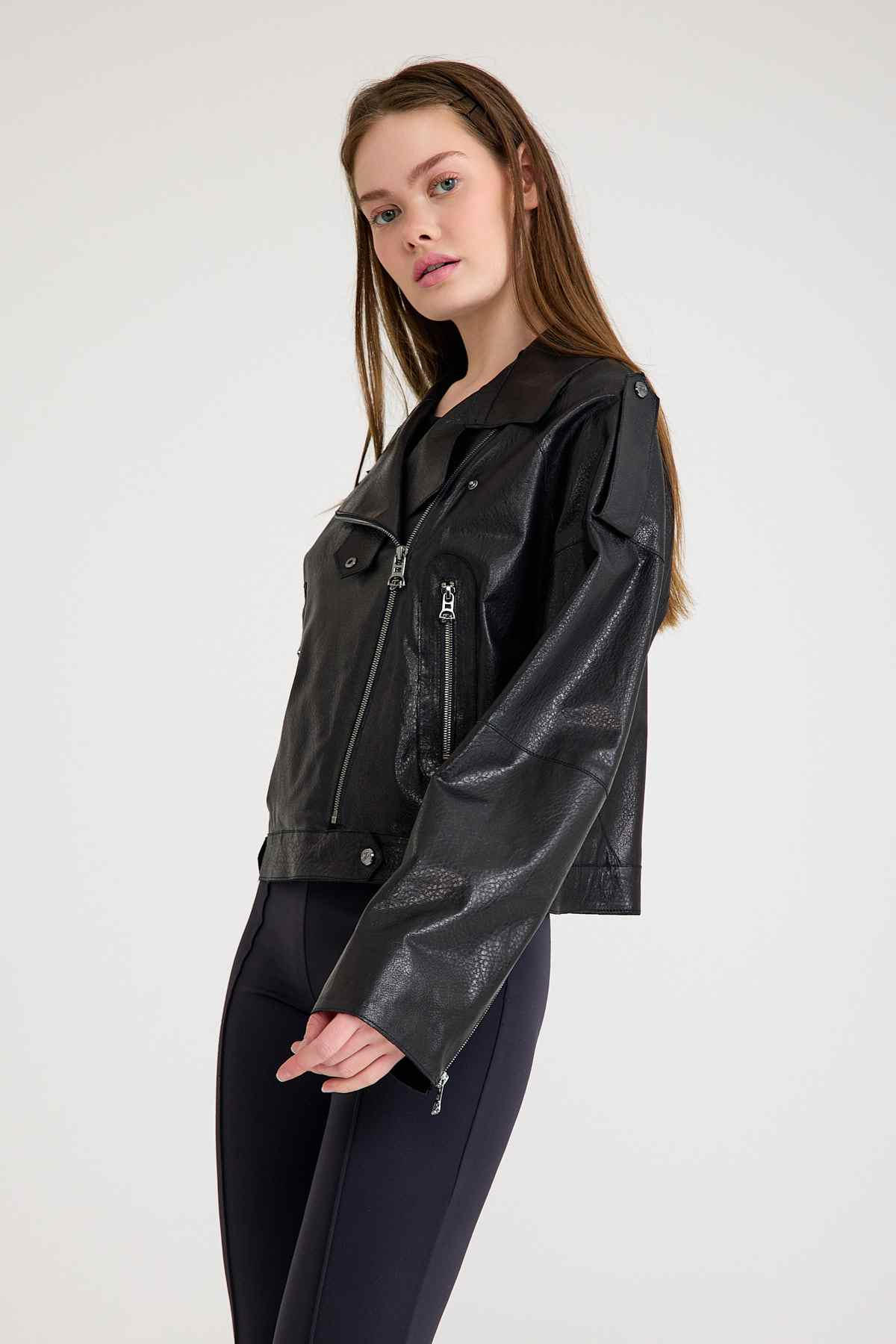 Oversize Bayan Deri Ceket – VB-3 BK-2497 - 23371