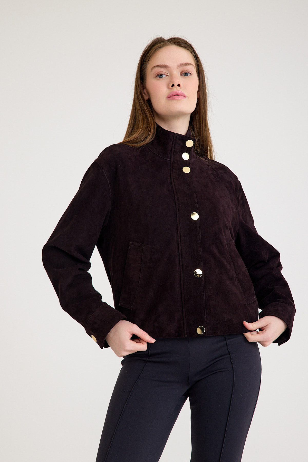 Regular Orta Boy Bayan Süet Deri Ceket – VB-11-BK-2830-24085