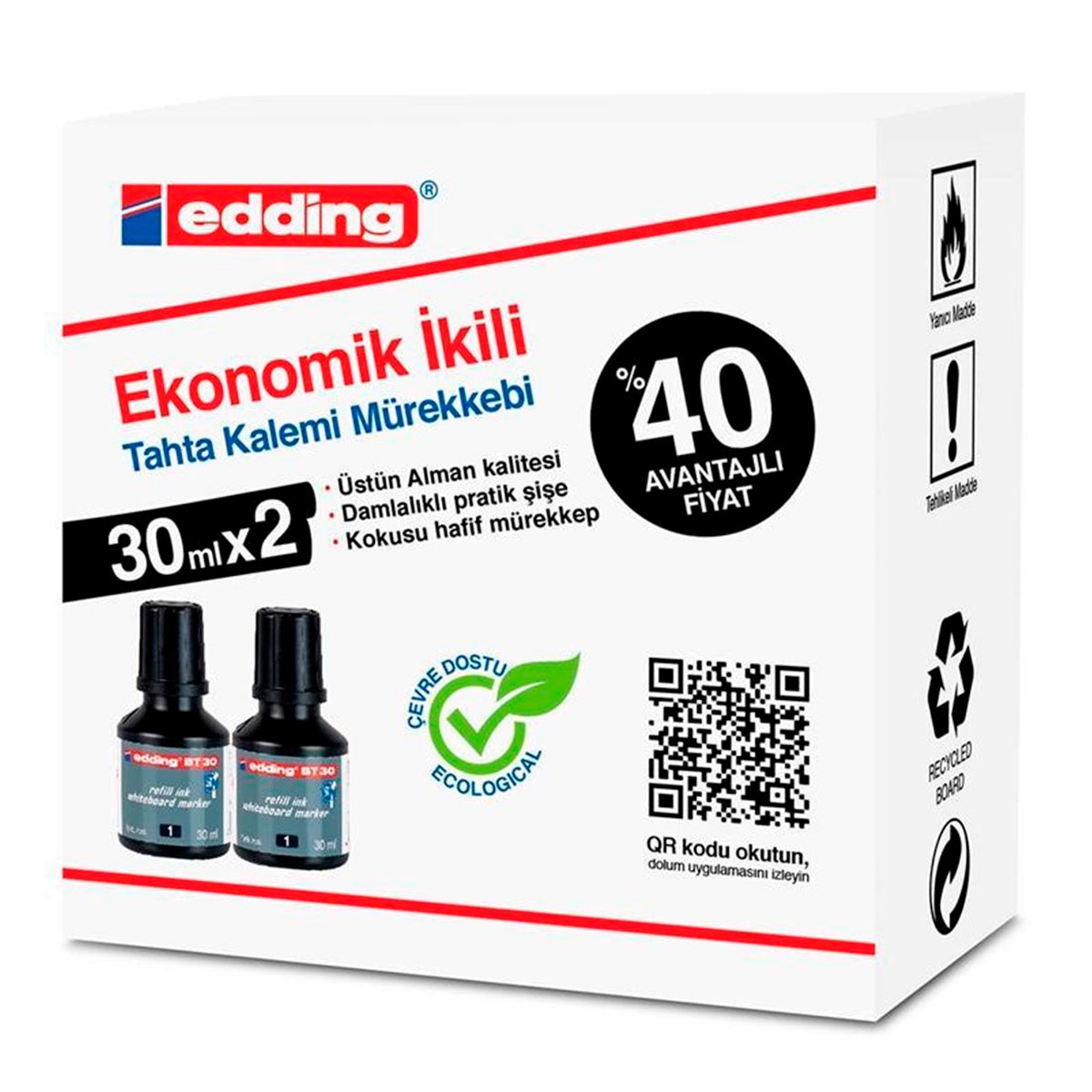 Edding bt-30 yazı tahtası mürekkebi siyah 30ml 2li pk