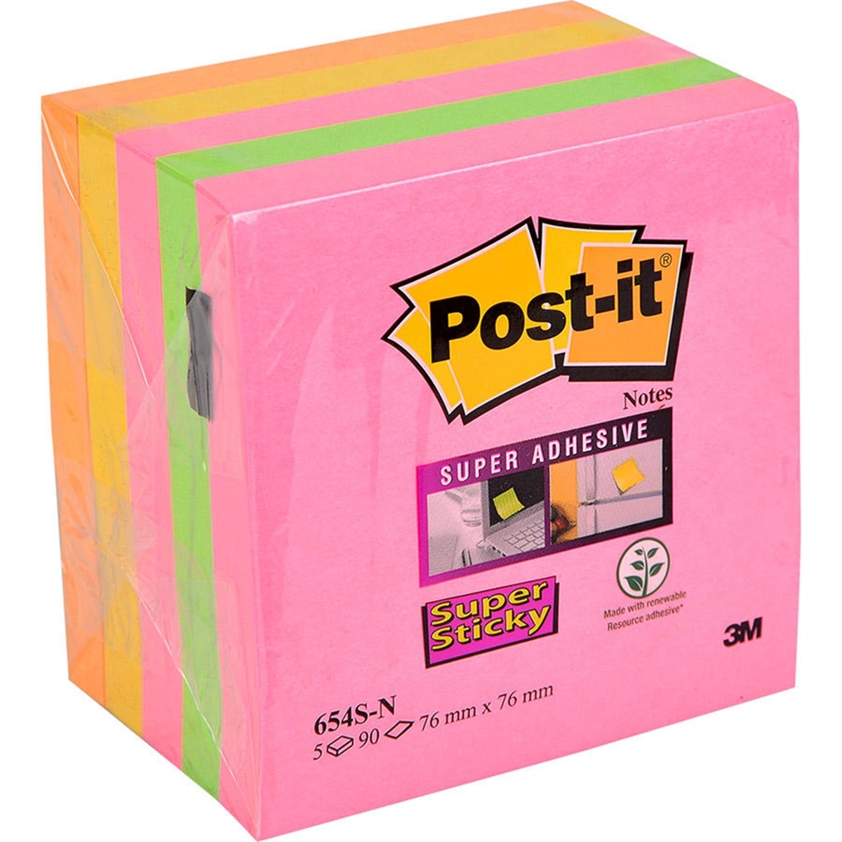 3m Post-it 654s-n Supersticky neon 76x76