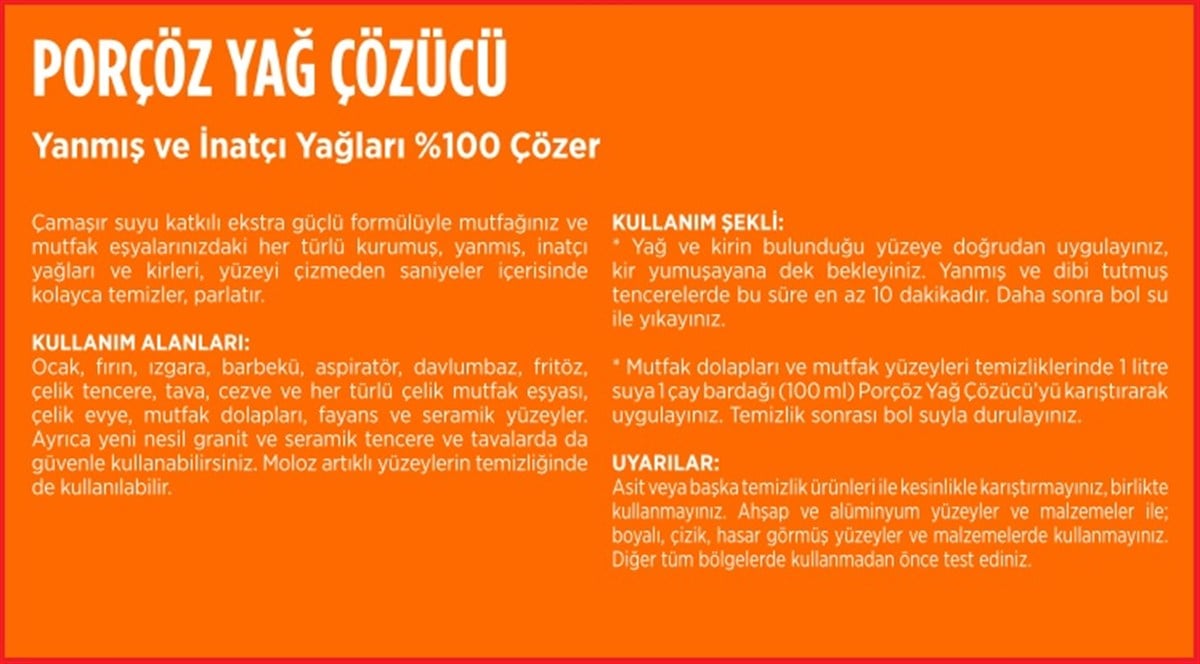 Porçöz Çamaşır Suyu Katkılı Yağ Çözücü 1 lt