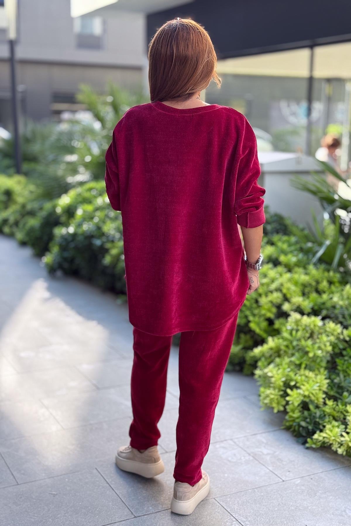 3 Yıldızlı Yuvarlak Yaka Kadife Sweet Bordo RenkBLUZ