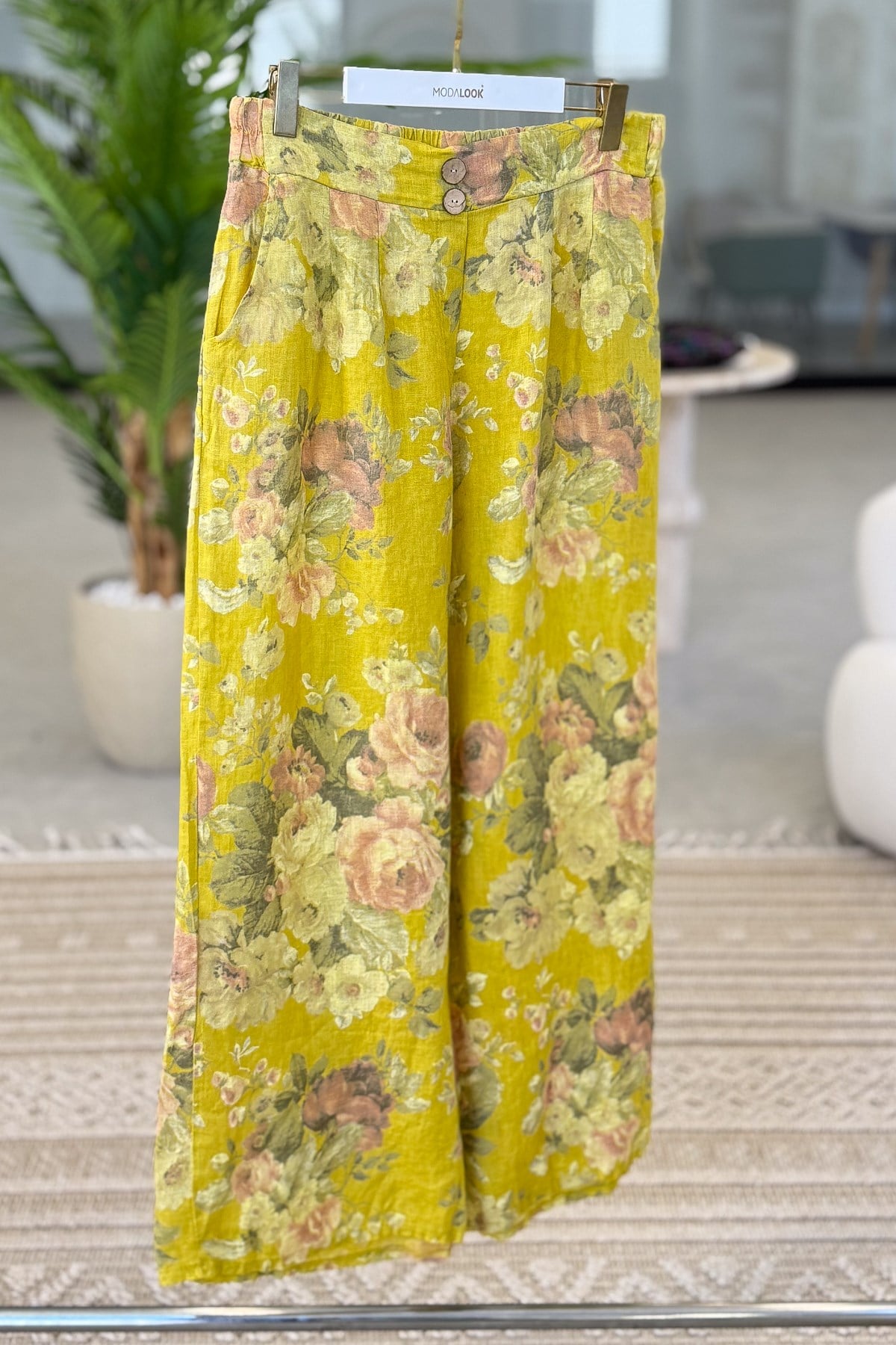 Ahşap Düğmeli Çiçek Desen Beli Lastikli Keten Pantolon Hardal RenkPANTOLON