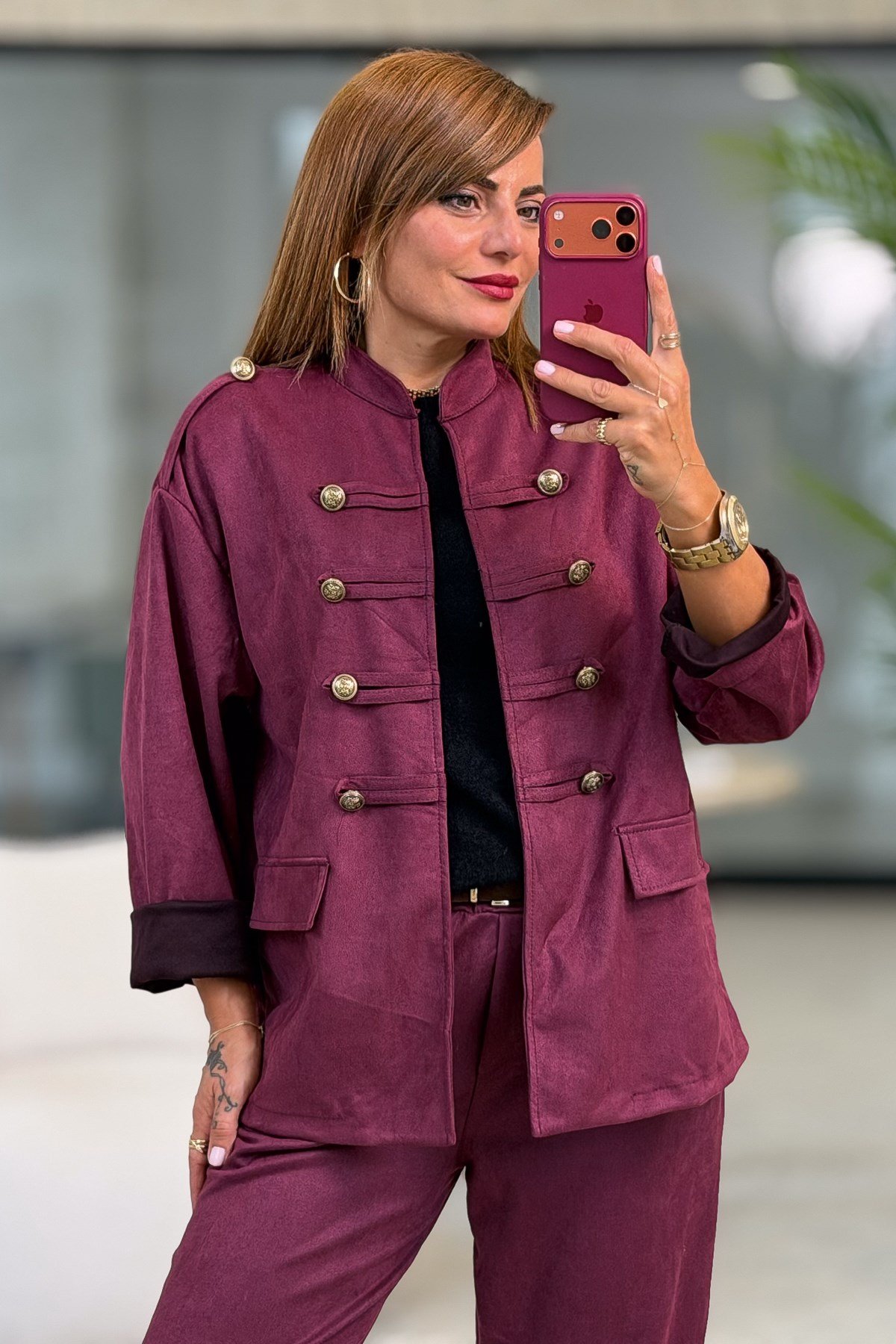 Apoletli Güderi Ceket Bordo RenkCEKET
