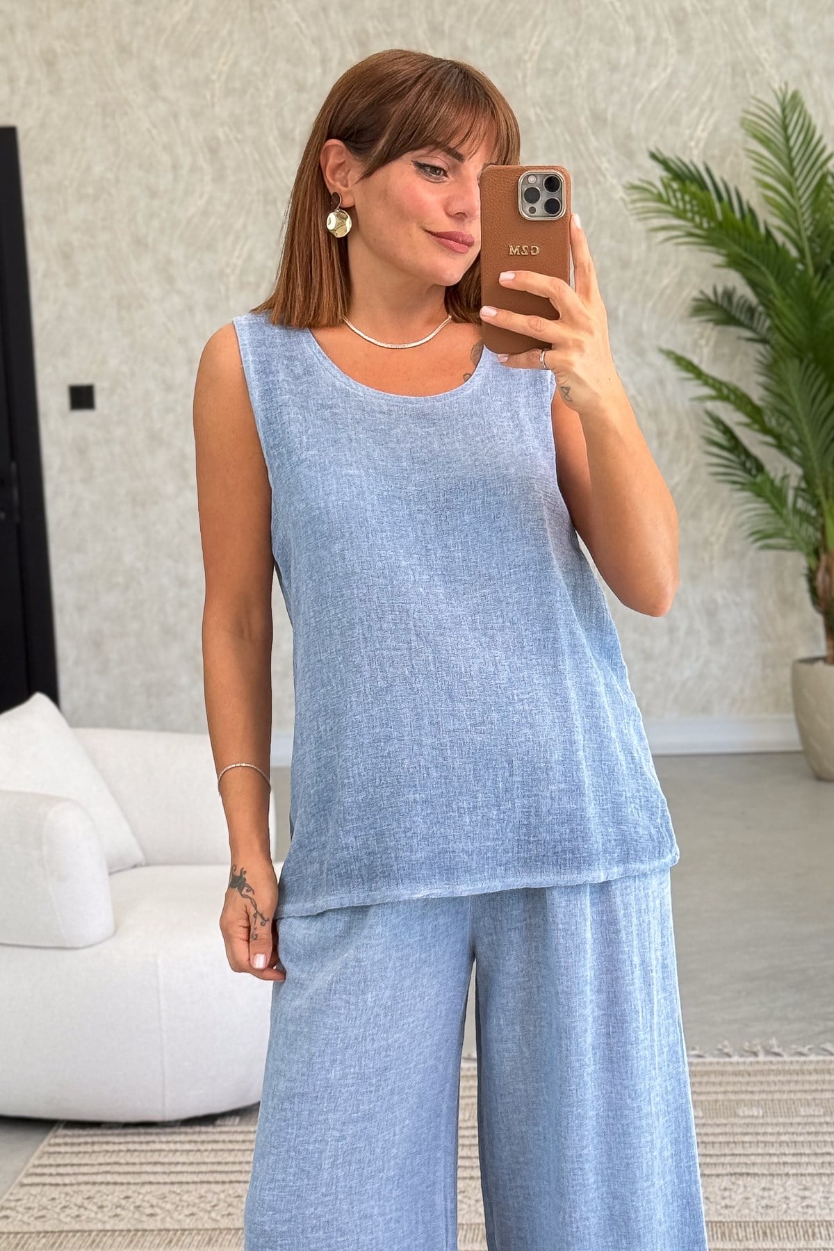 Arkası Çapraz Detaylı Alt Üst Yıkamalı Keten Takım Bebe Mavi RenkALT ÜST TAKIM