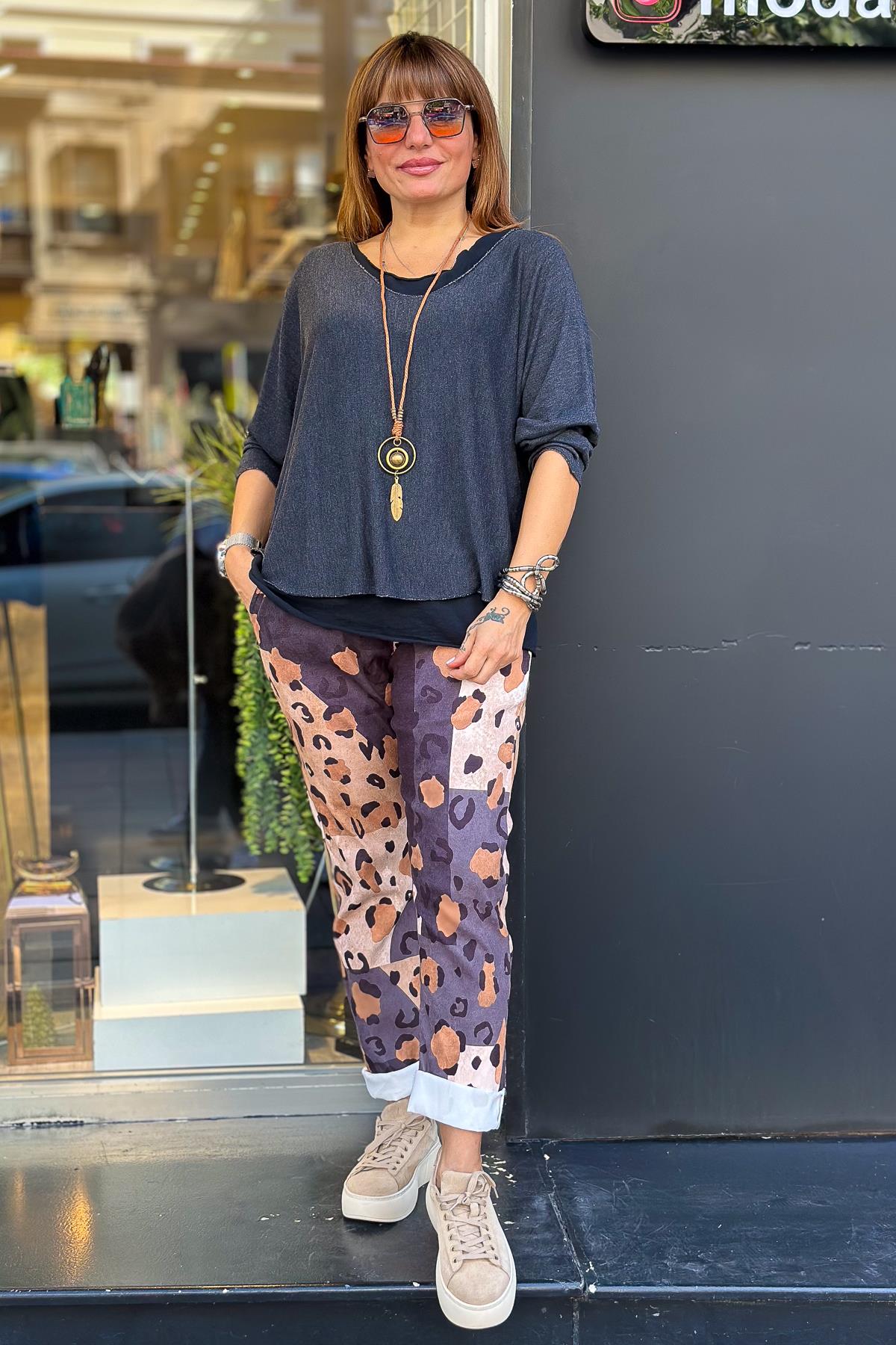 Asimetrik Leopar Desenli Güderi Pantolon Camel RenkPANTOLON