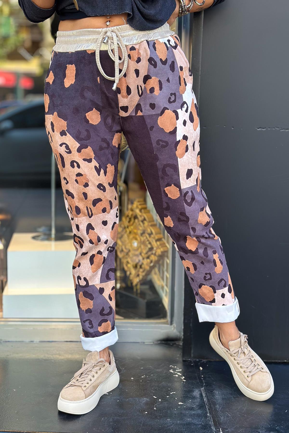 Asimetrik Leopar Desenli Güderi Pantolon Camel RenkPANTOLON