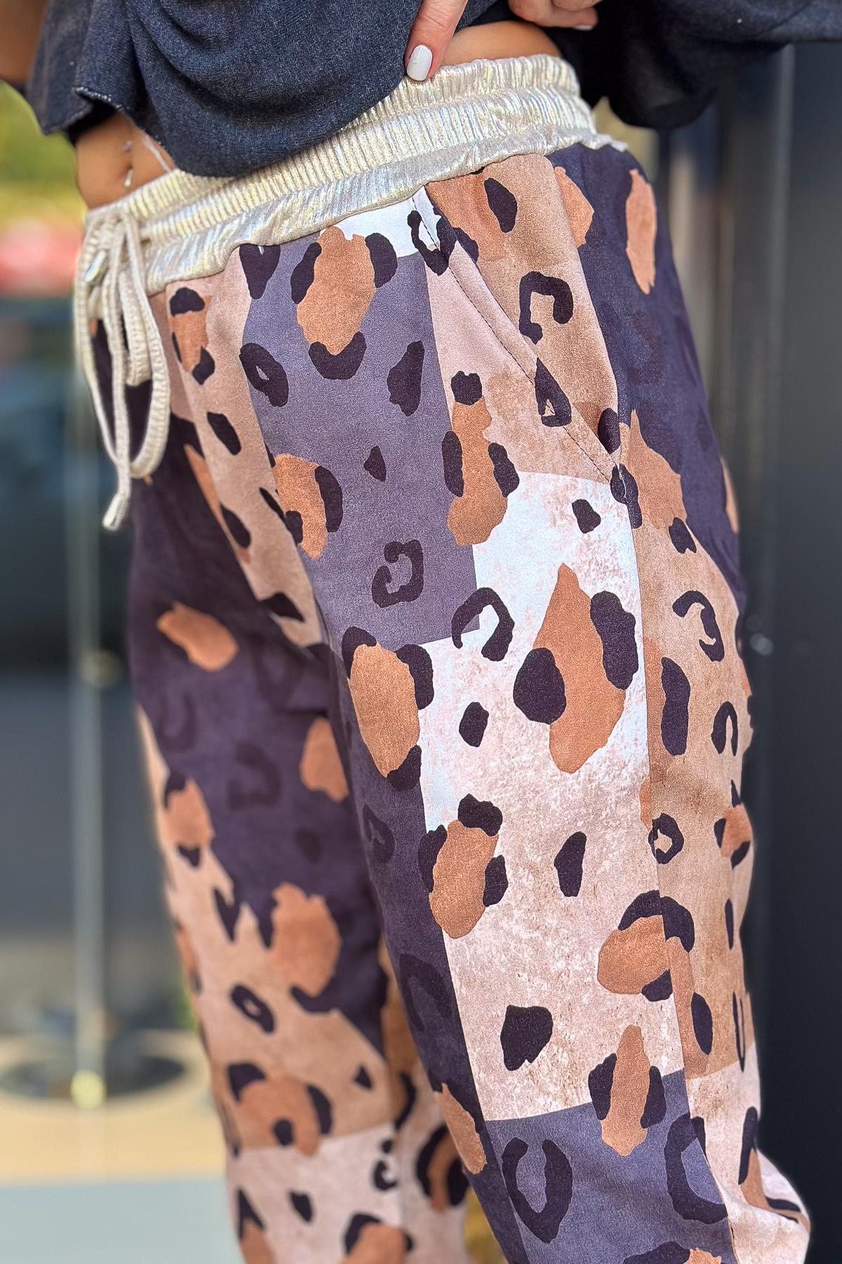 Asimetrik Leopar Desenli Güderi Pantolon Camel RenkPANTOLON