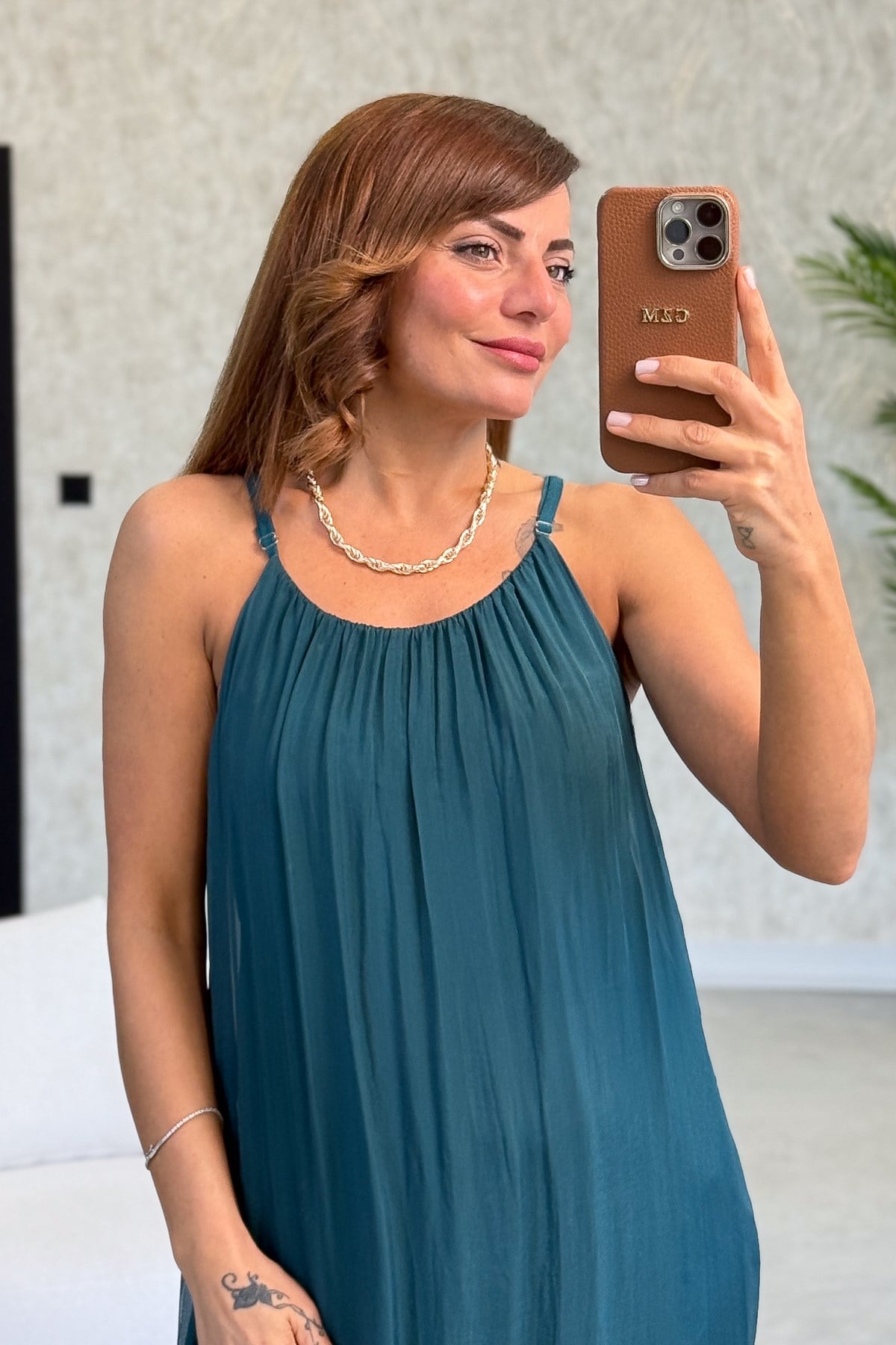 Askılı İpek Elbise Nefti Yeşil RenkELBİSE