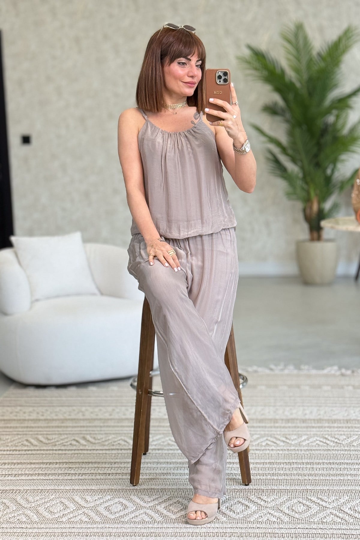 Askılı İpek Tulum Vizon RenkELBİSE