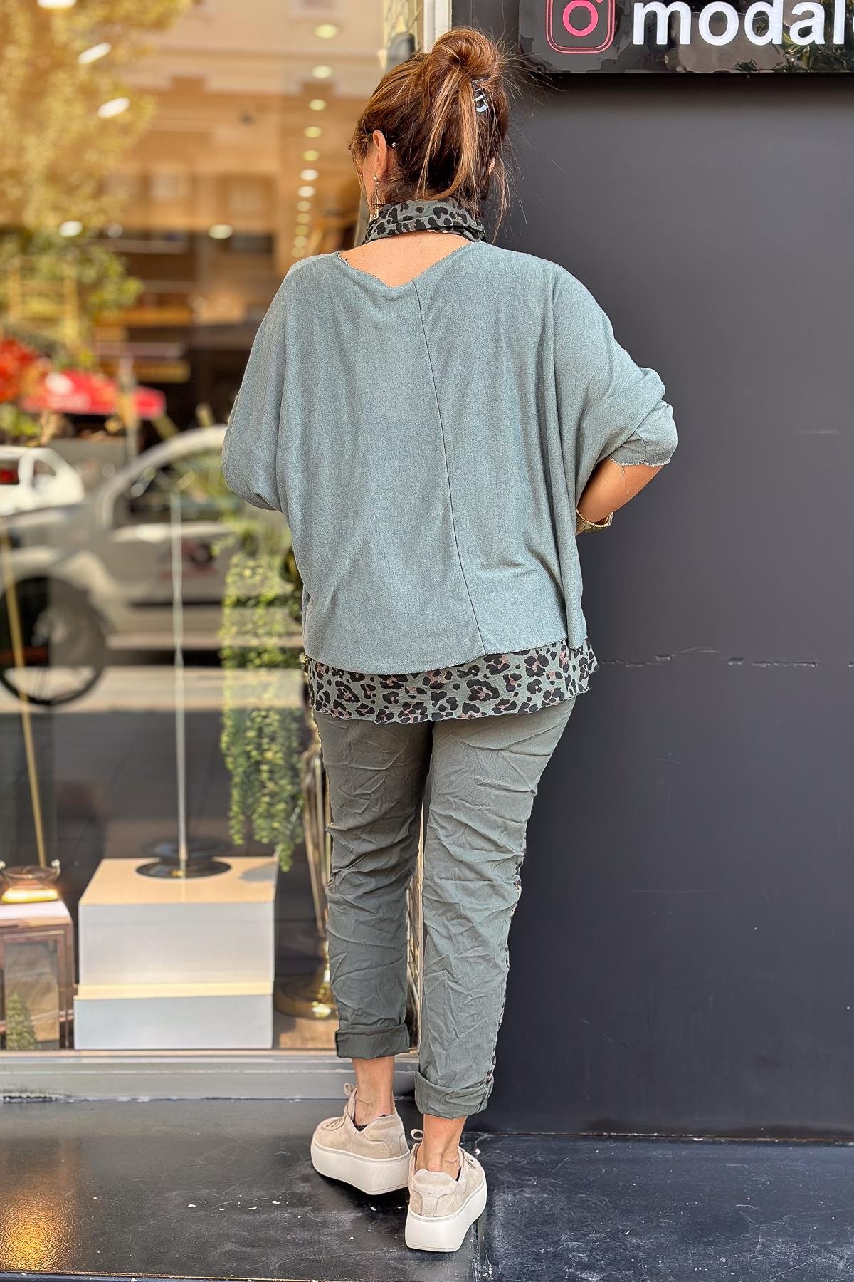 Astarı Leopar Desenli Şallı Triko Haki RenkBLUZ