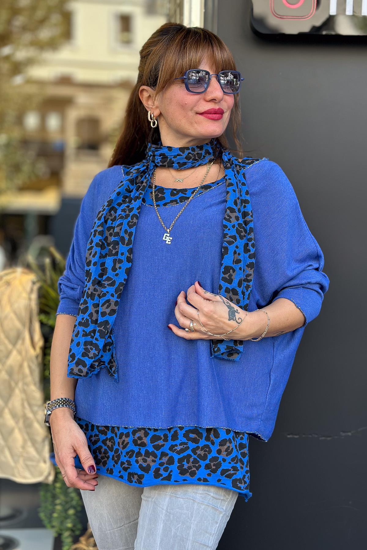 Astarı Leopar Desenli Şallı Triko Saks RenkBLUZ