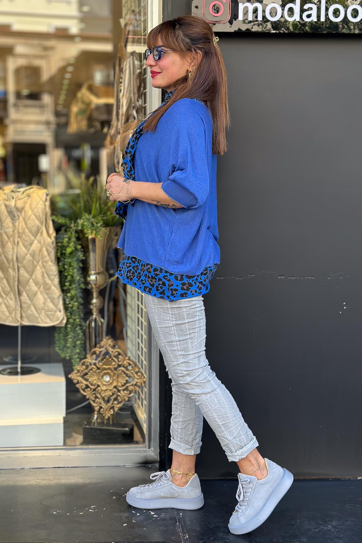Astarı Leopar Desenli Şallı Triko Saks RenkBLUZ