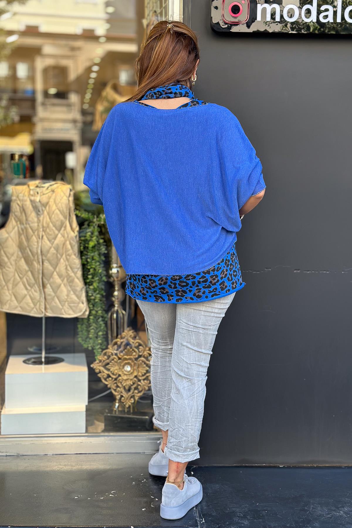 Astarı Leopar Desenli Şallı Triko Saks RenkBLUZ