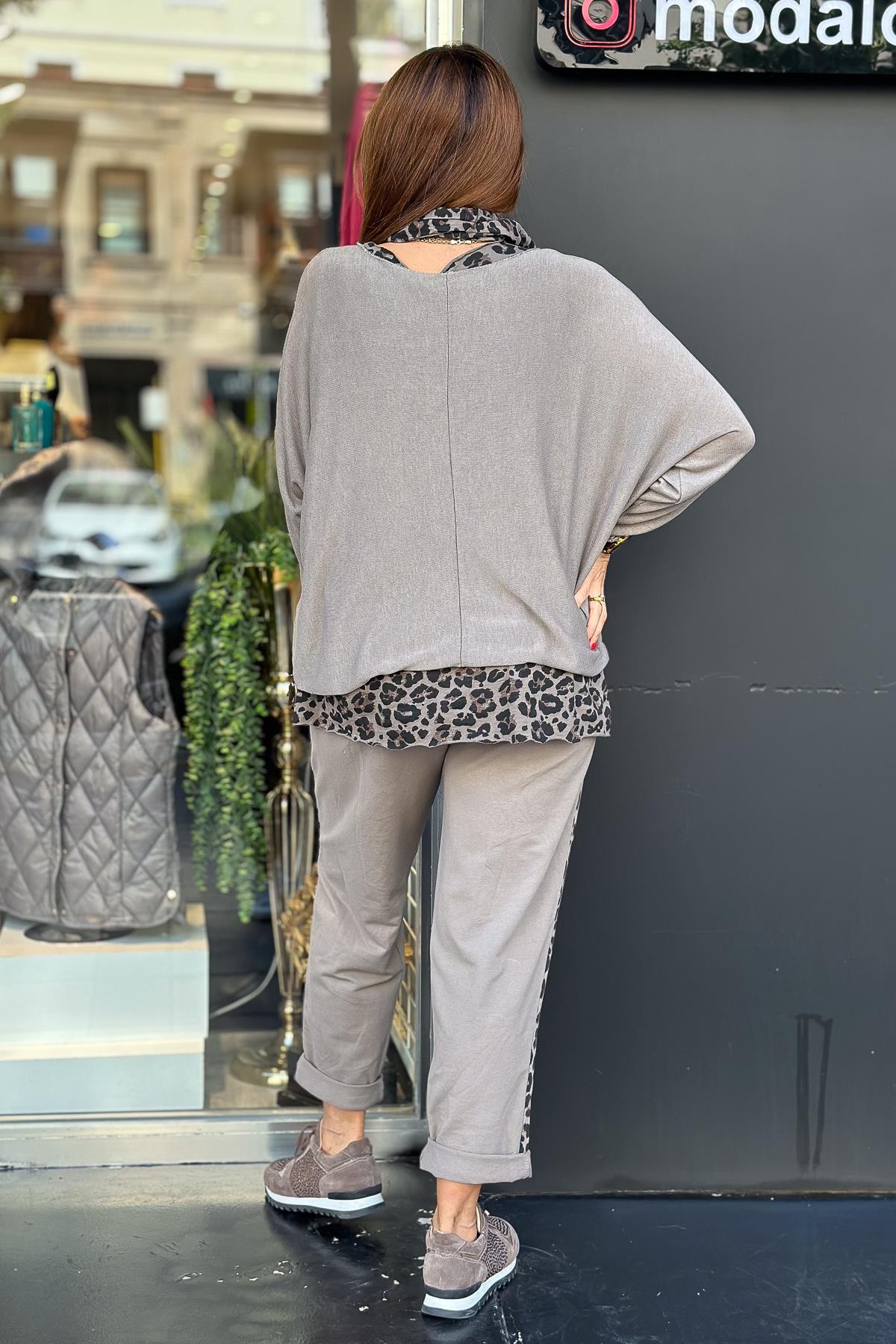 Astarı Leopar Desenli Şallı Triko Vizon RenkBLUZ