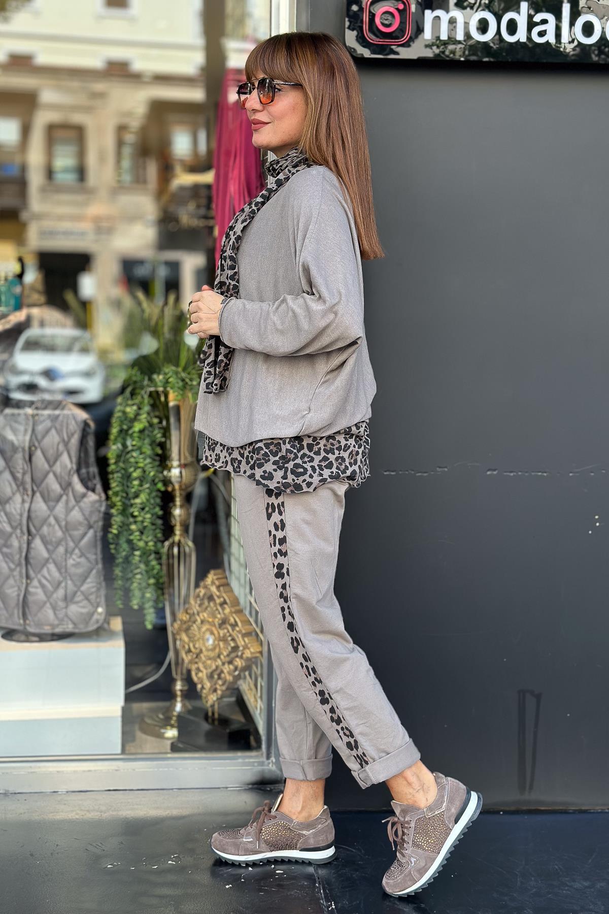 Astarı Leopar Desenli Şallı Triko Vizon RenkBLUZ