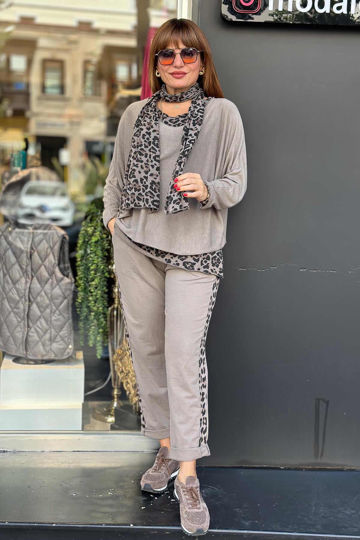 Astarı Leopar Desenli Şallı Triko Vizon RenkBLUZ