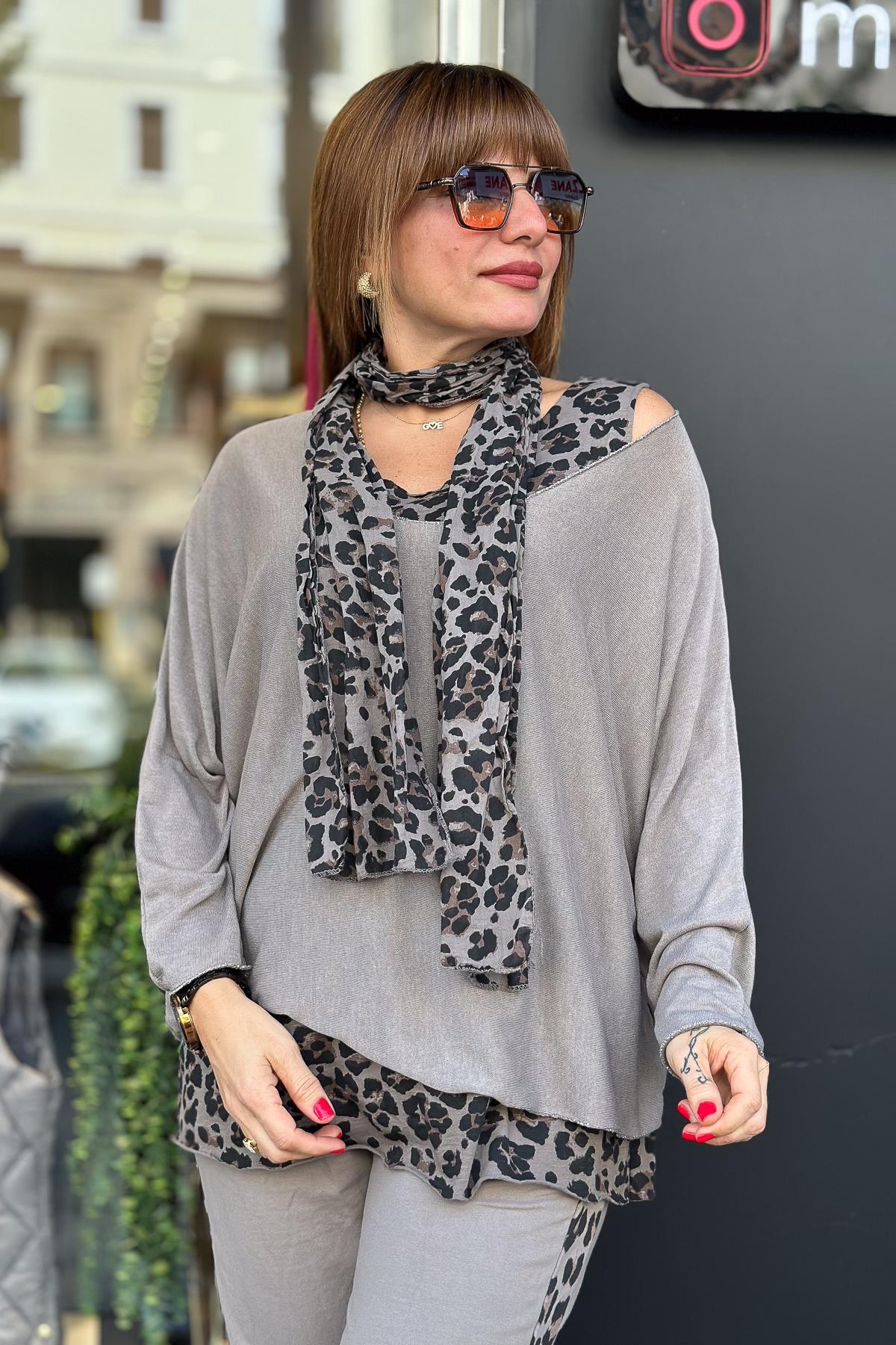 Astarı Leopar Desenli Şallı Triko Vizon RenkBLUZ