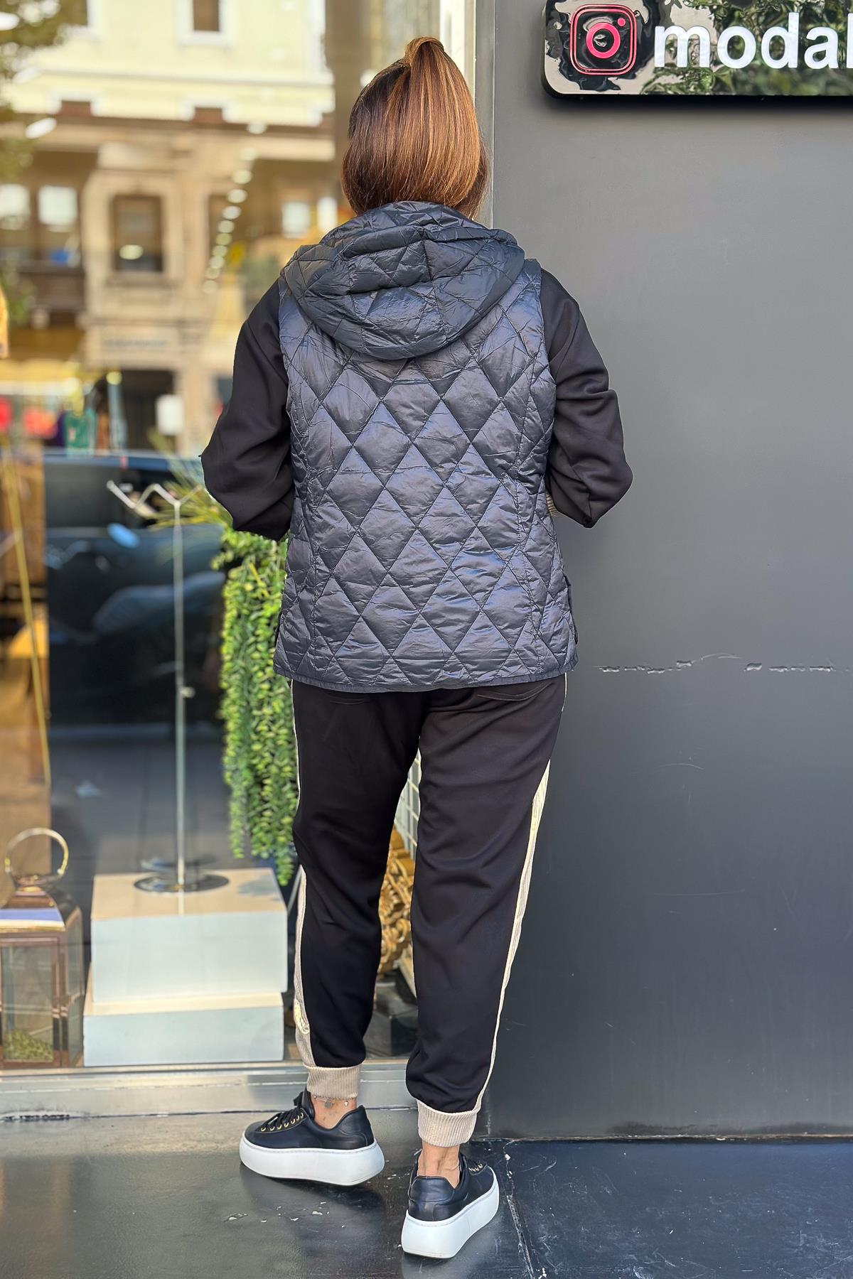 Baklava Desenli Anorak Yelek Siyah RenkYELEK