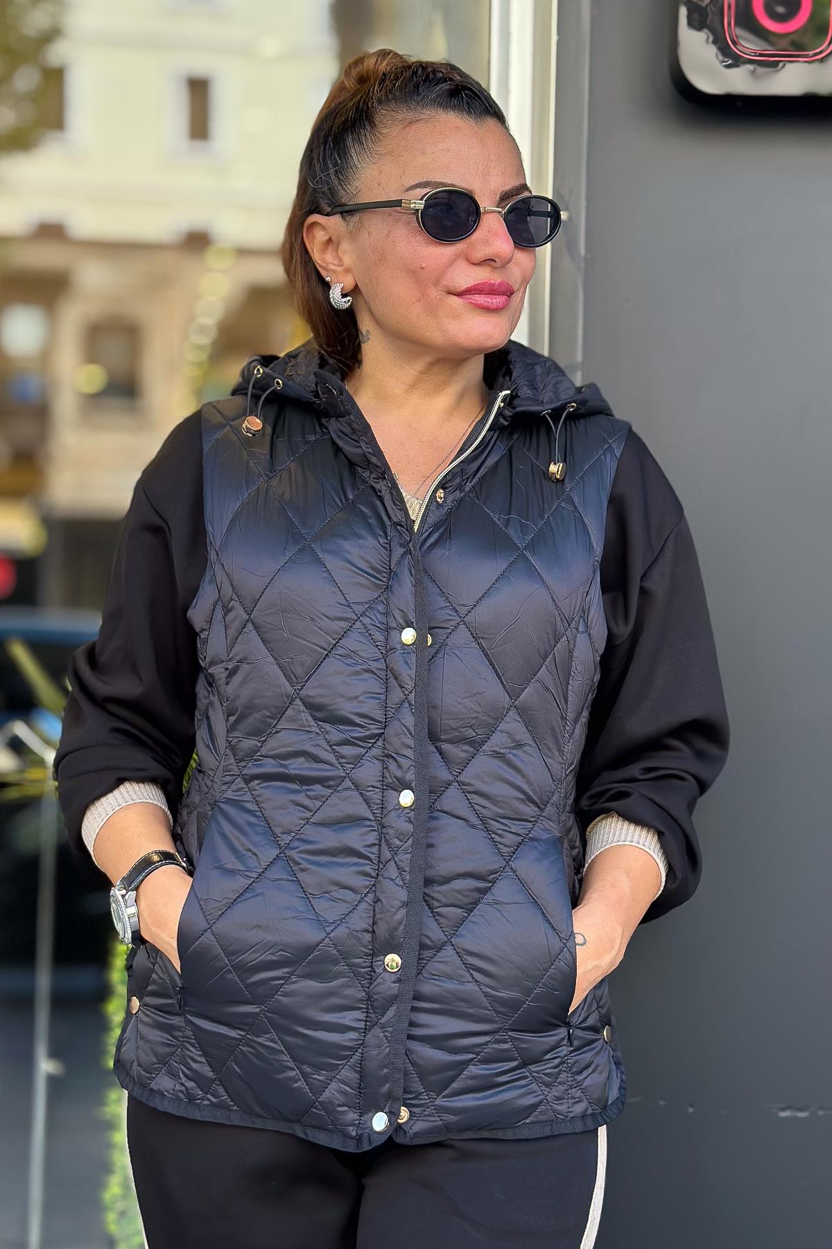 Baklava Desenli Anorak Yelek Siyah RenkYELEK