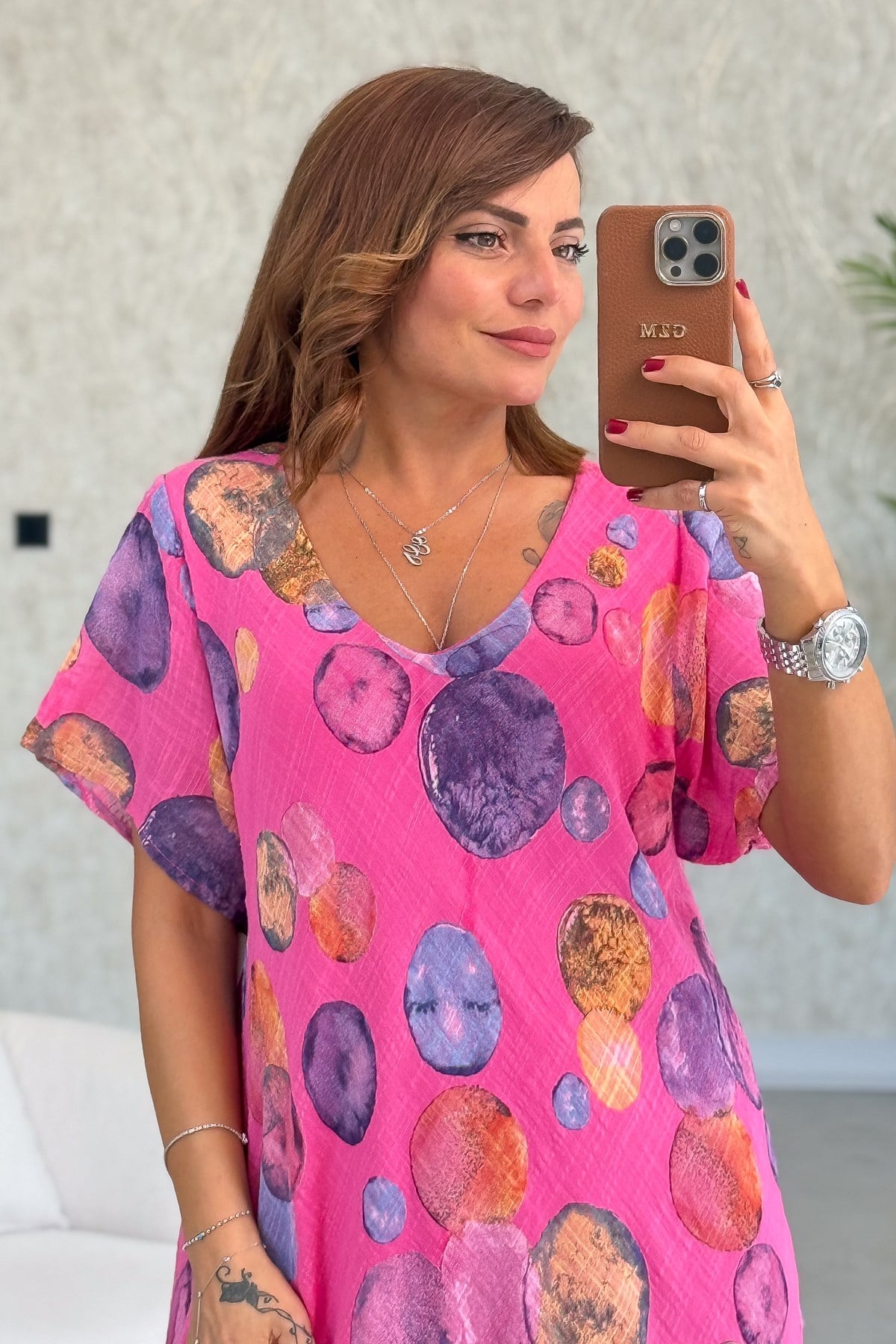 Baloncuk Desen Streç Pamuklu Elbise Pembe RenkELBİSE