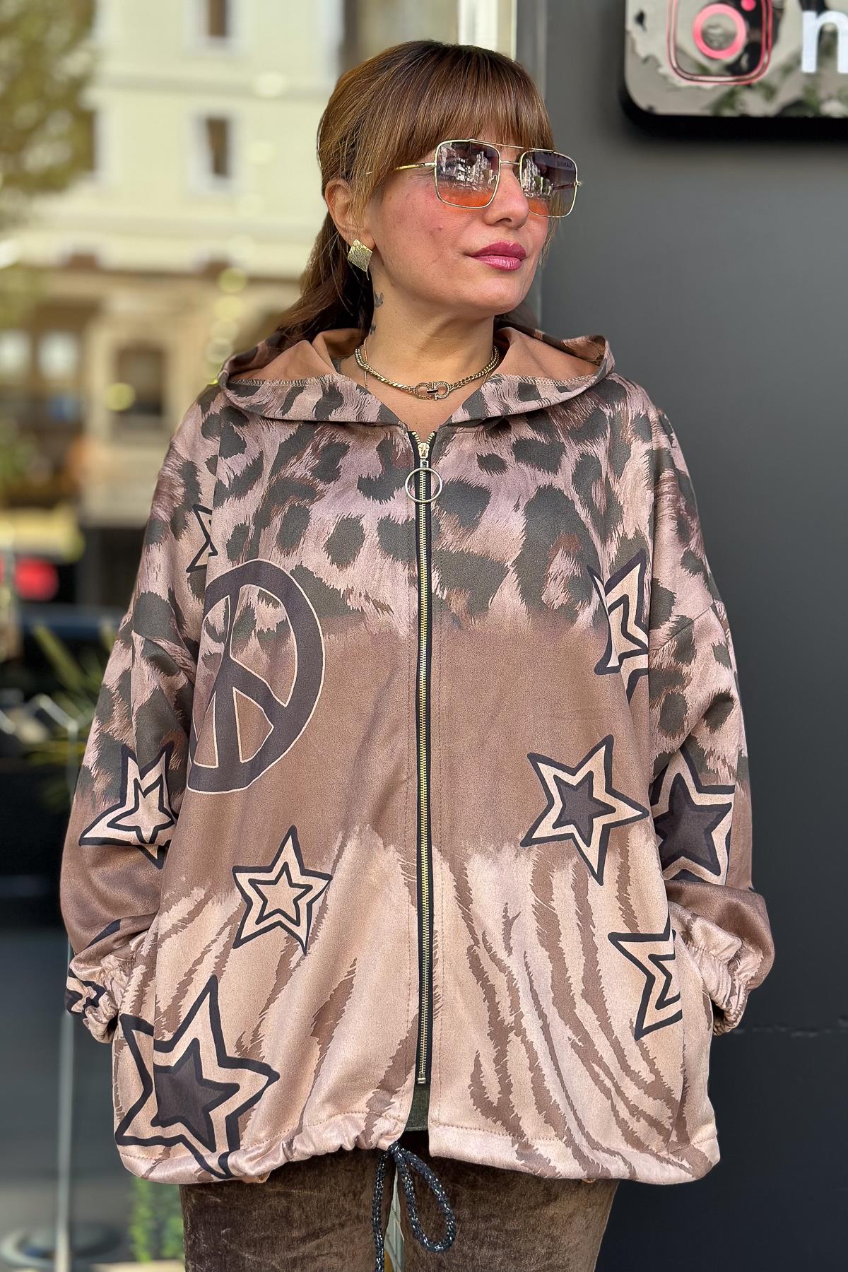 Barış Simge Desenli Kapüşonlu Güderi Ceket Camel RenkCEKET