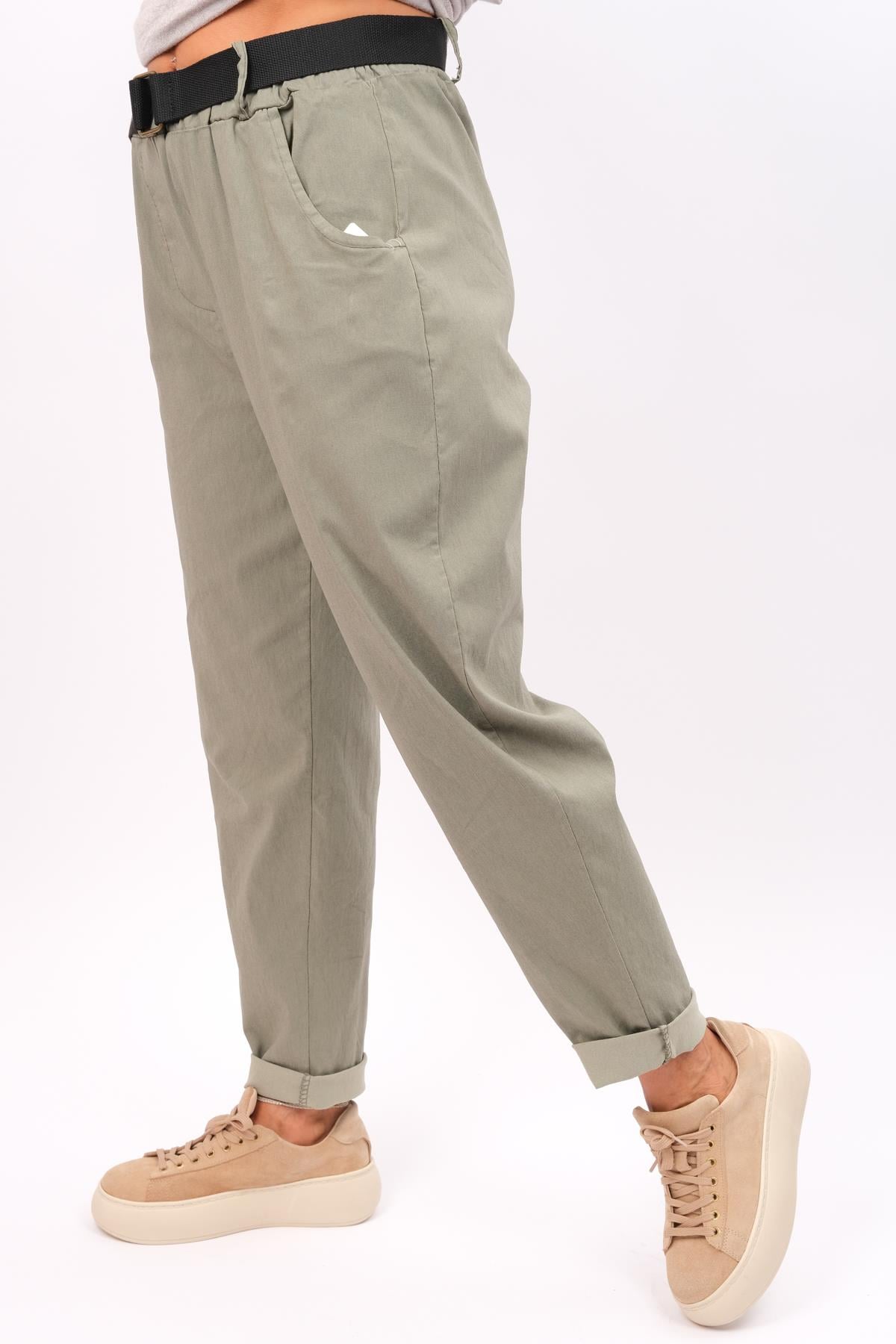 Beli Lastikli Basic Boyfriend Likralı Pantolon Haki RenkPANTOLON