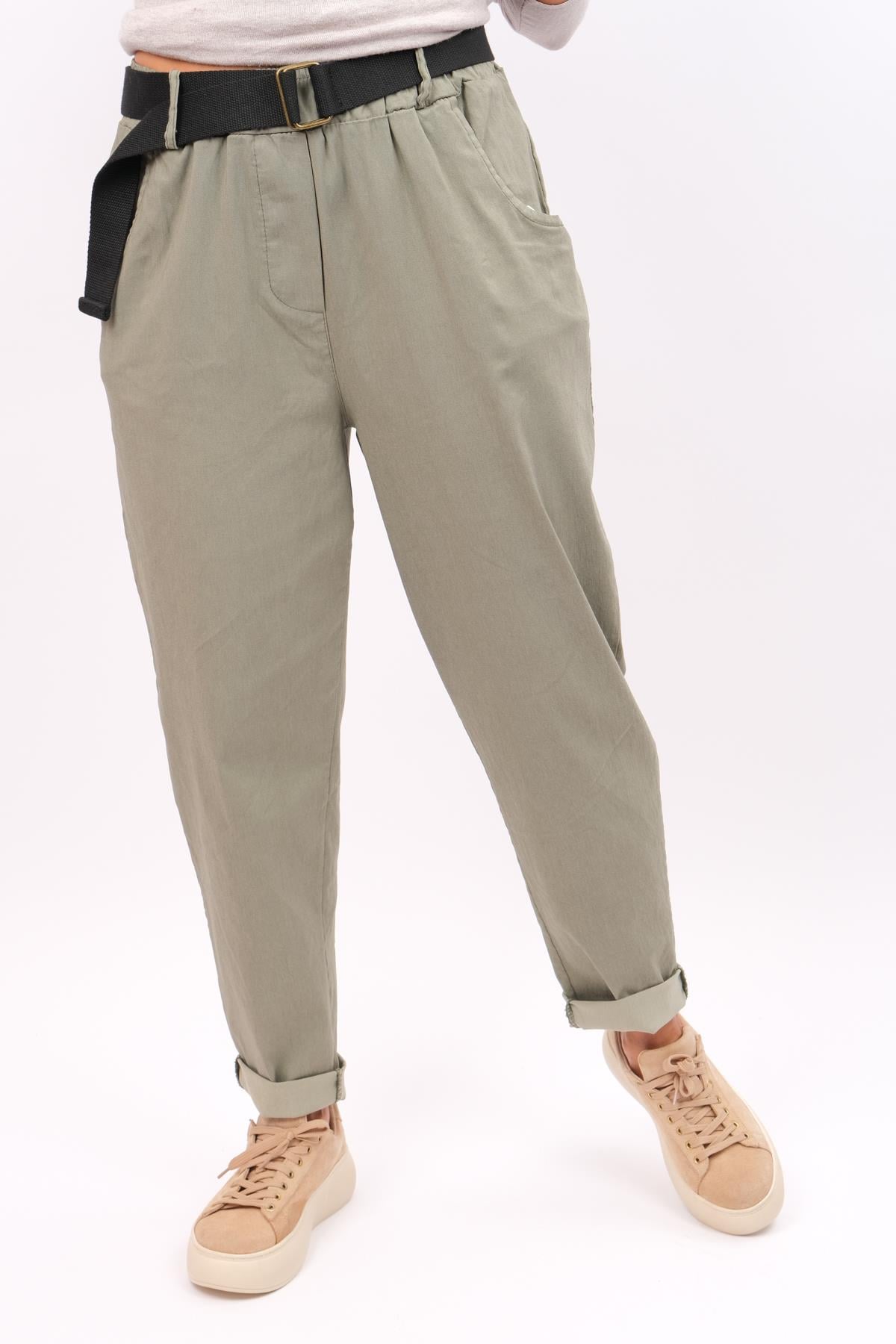 Beli Lastikli Basic Boyfriend Likralı Pantolon Haki RenkPANTOLON