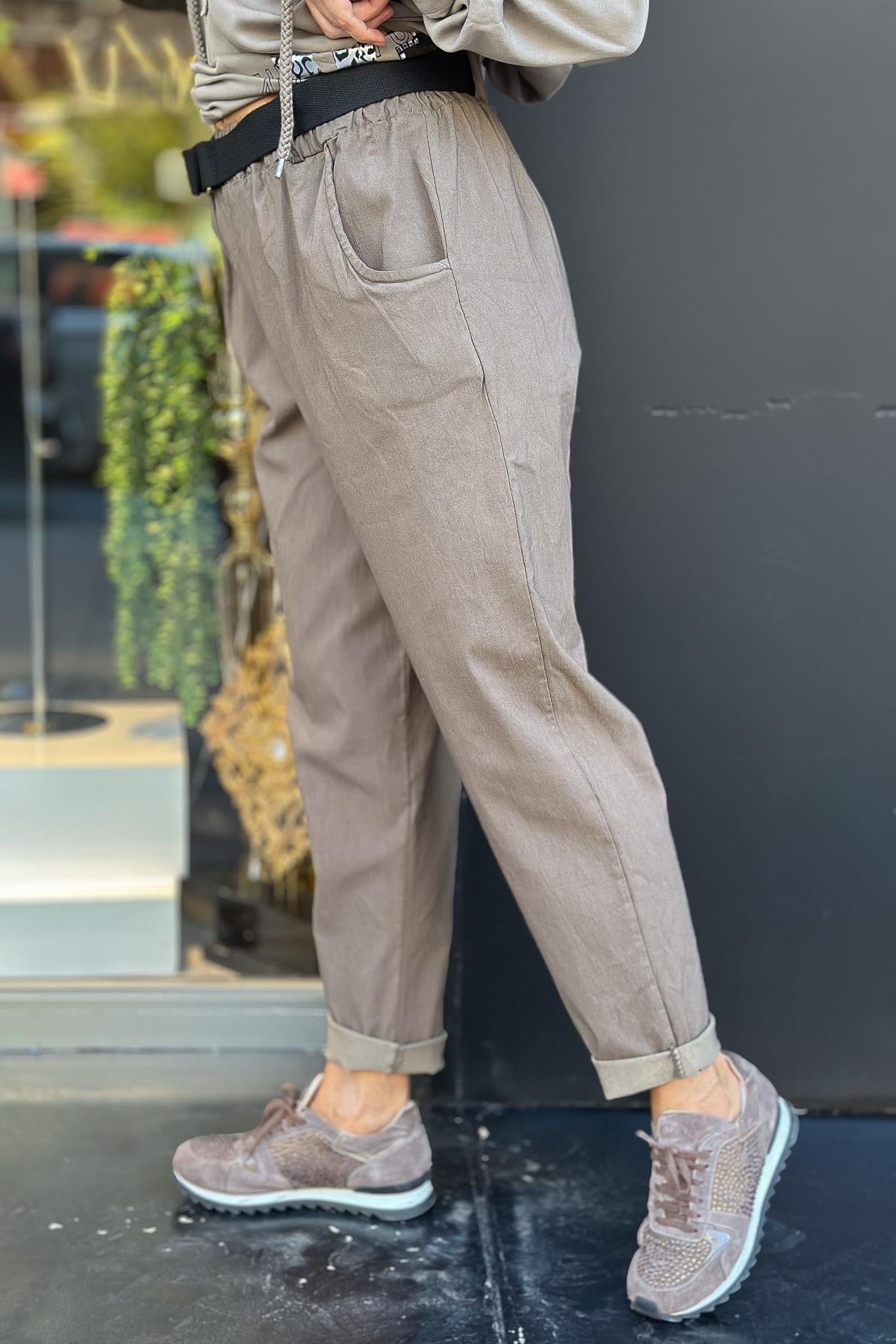 Beli Lastikli Basic Boyfriend Likralı Pantolon Vizon RenkPANTOLON