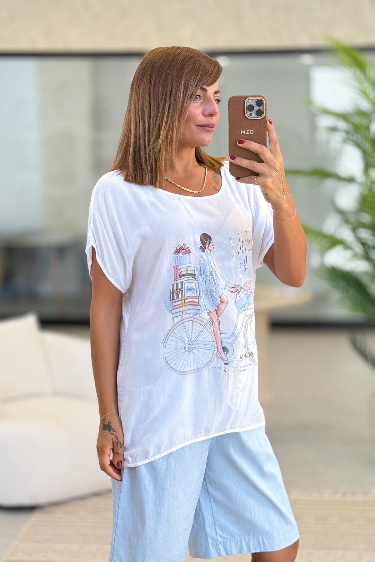 Bisikletli Kız Desenli Viskon Tshirt Bebe Mavi RenkBLUZ