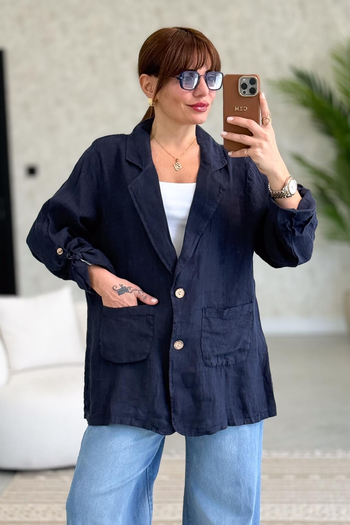 Blazer Keten Ceket Lacivert RenkCEKET
