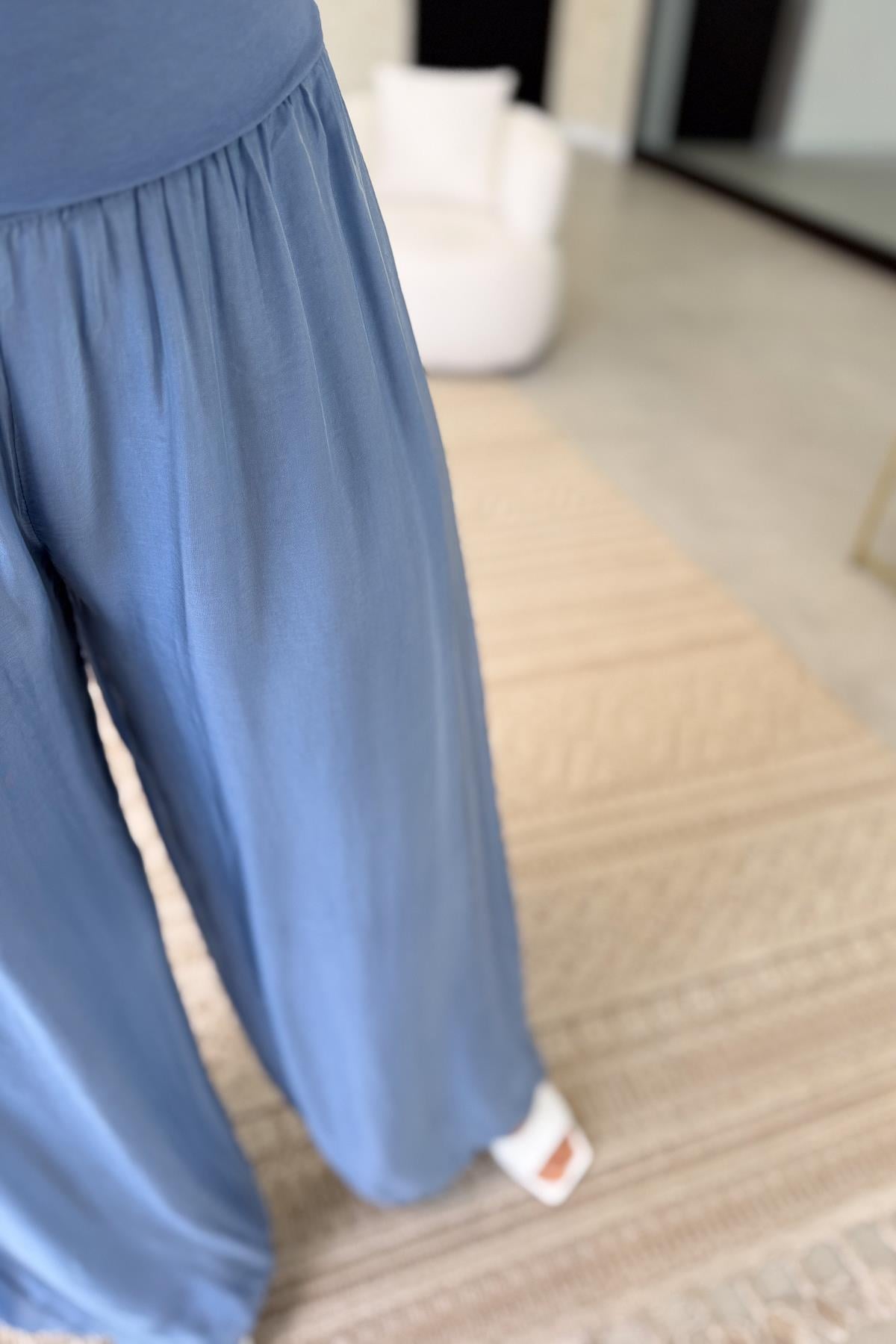 Bol Paça Beli Lastikli İpek Pantolon İndigo RenkPANTOLON