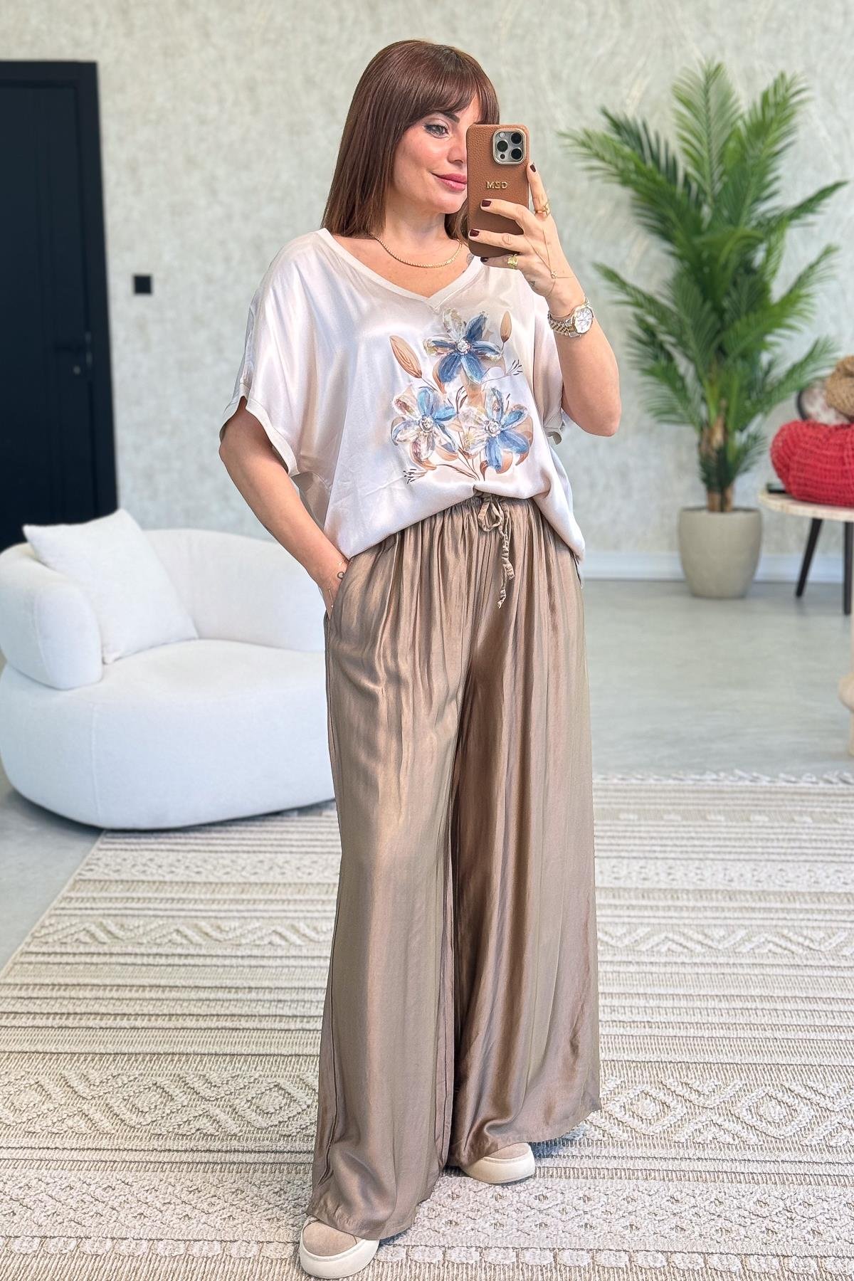 Bol Paça Saten Pantolon Camel RenkPANTOLON