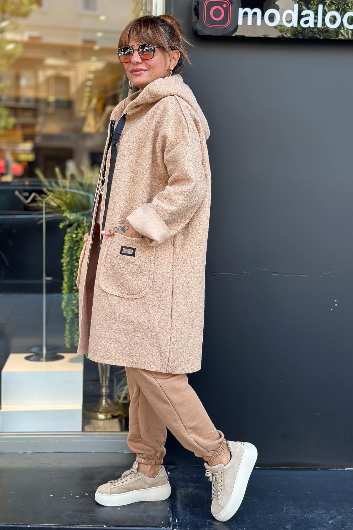 Buklet Kumaş Fermuarlı Kaban Camel RenkMONT & KABAN