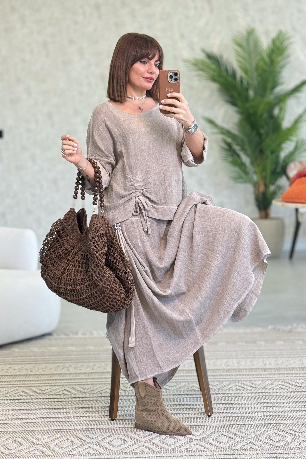 Büzgü Detaylı Etek Bluz Alt Üst Yıkamalı Keten Takım Camel RenkALT ÜST TAKIM