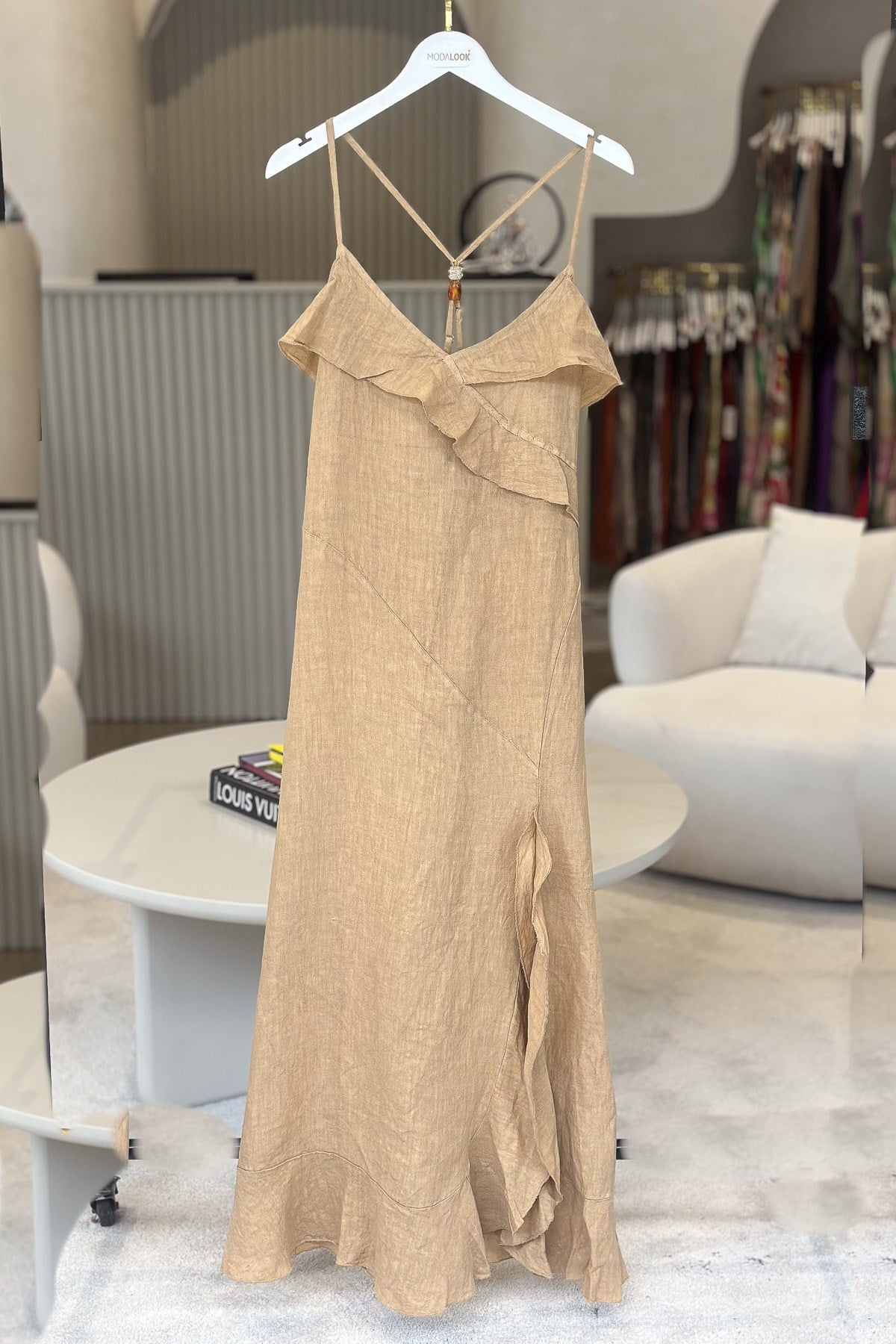 Çapraz Askılı Keten Elbise Camel RenkELBİSE