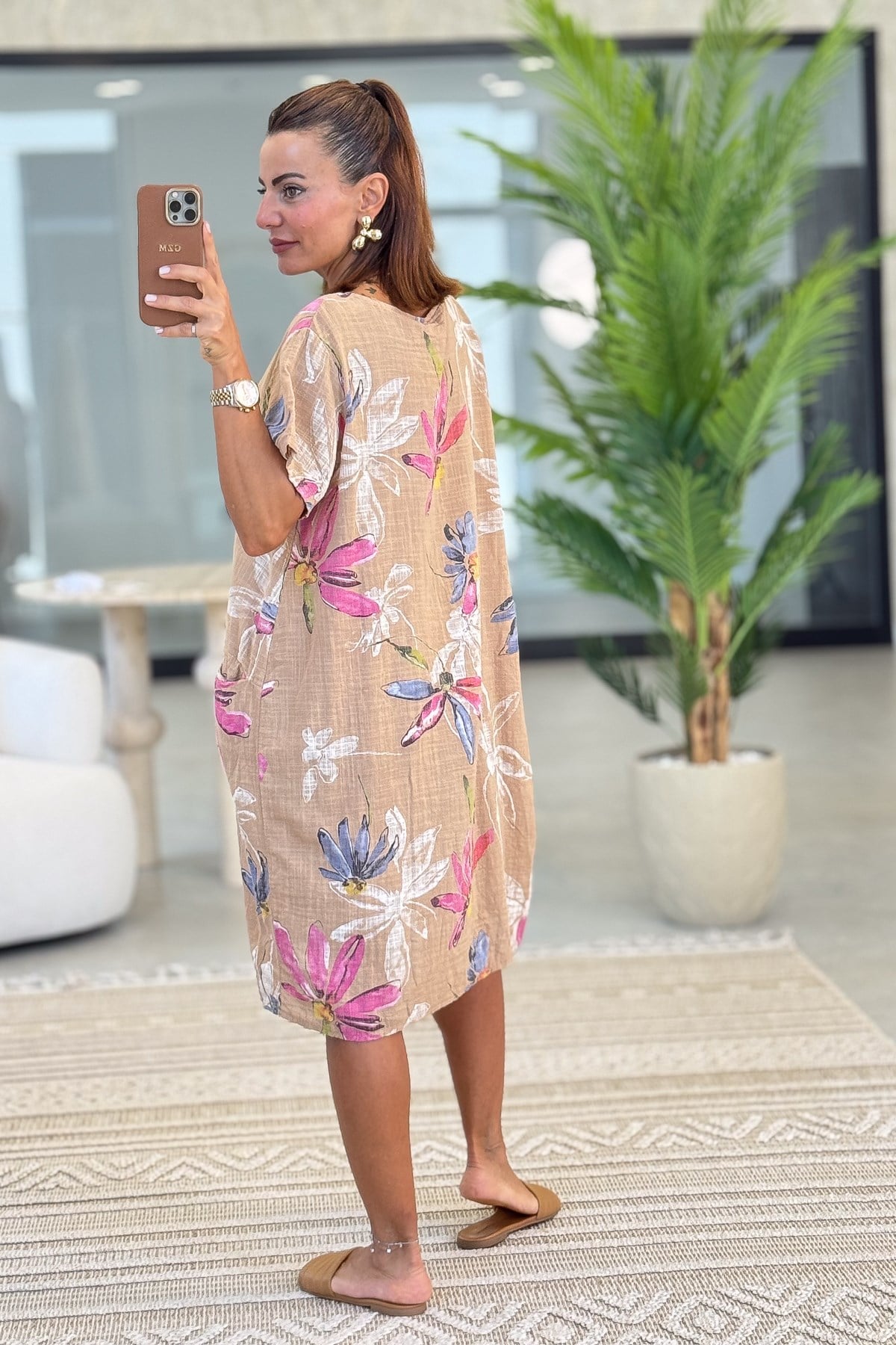 Çiçek Desen Çift Cepli Pamuklu Elbise Camel RenkELBİSE