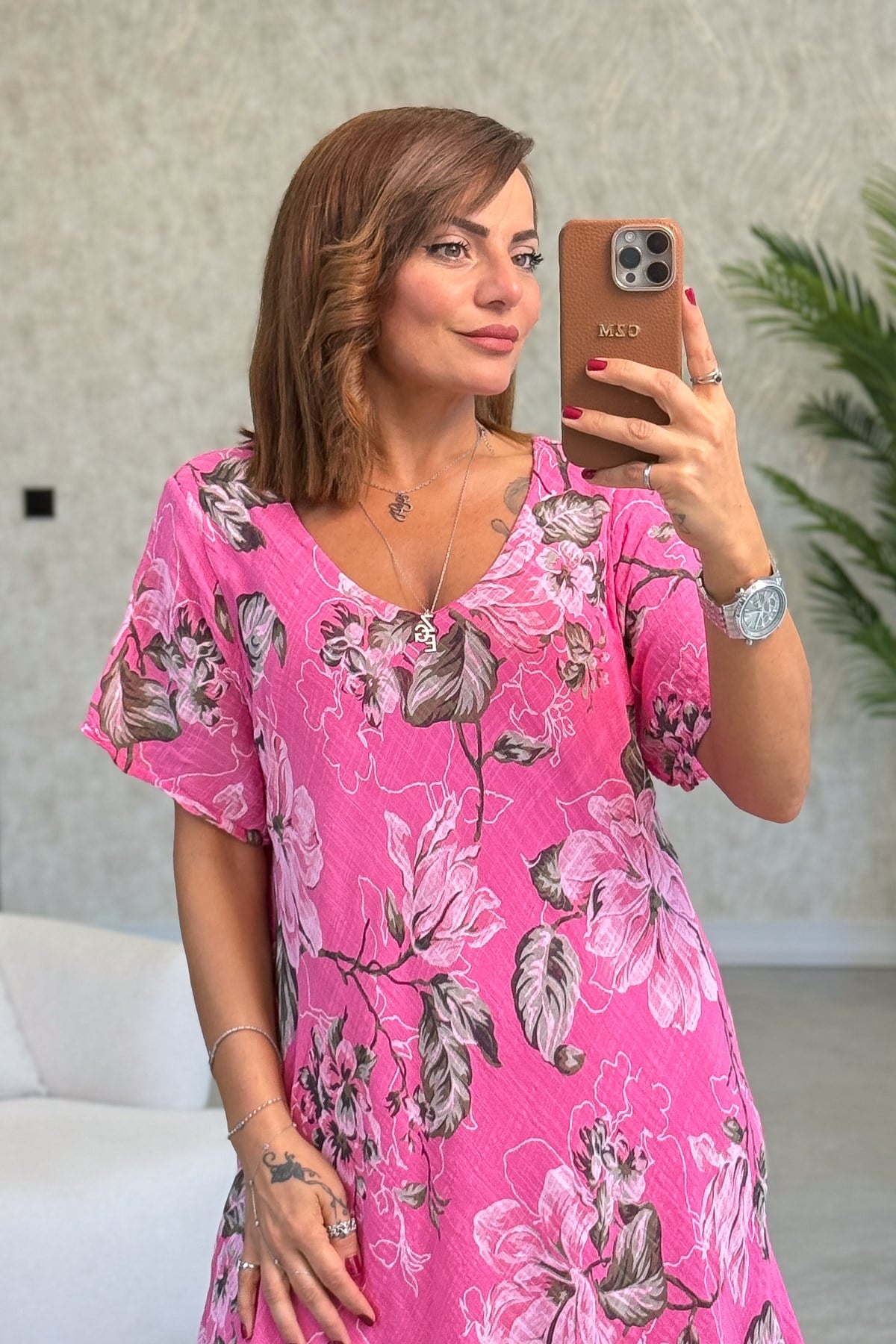 Çiçek Desenli Streç Pamuklu Elbise Pembe RenkELBİSE