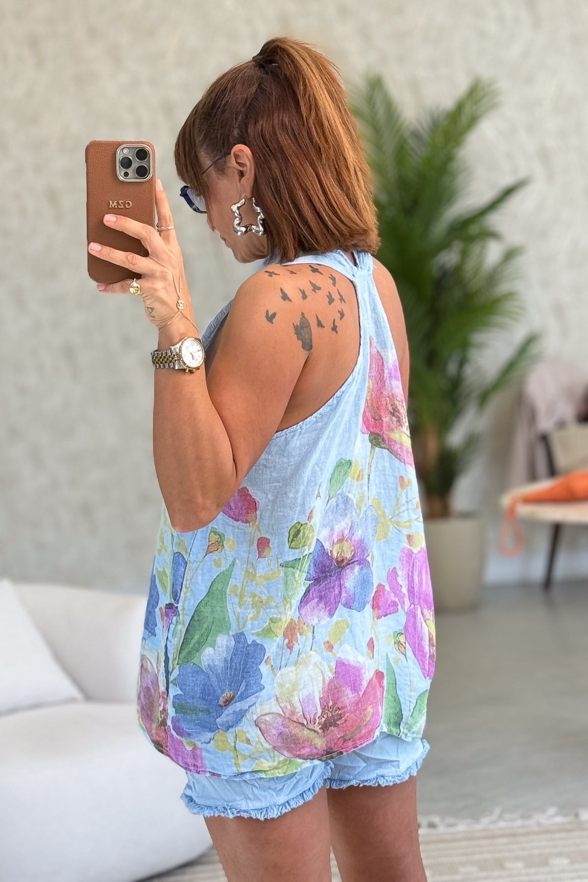 Çiçek Desenli Yüzücü Model Keten Bluz Bebe Mavi RenkBLUZ