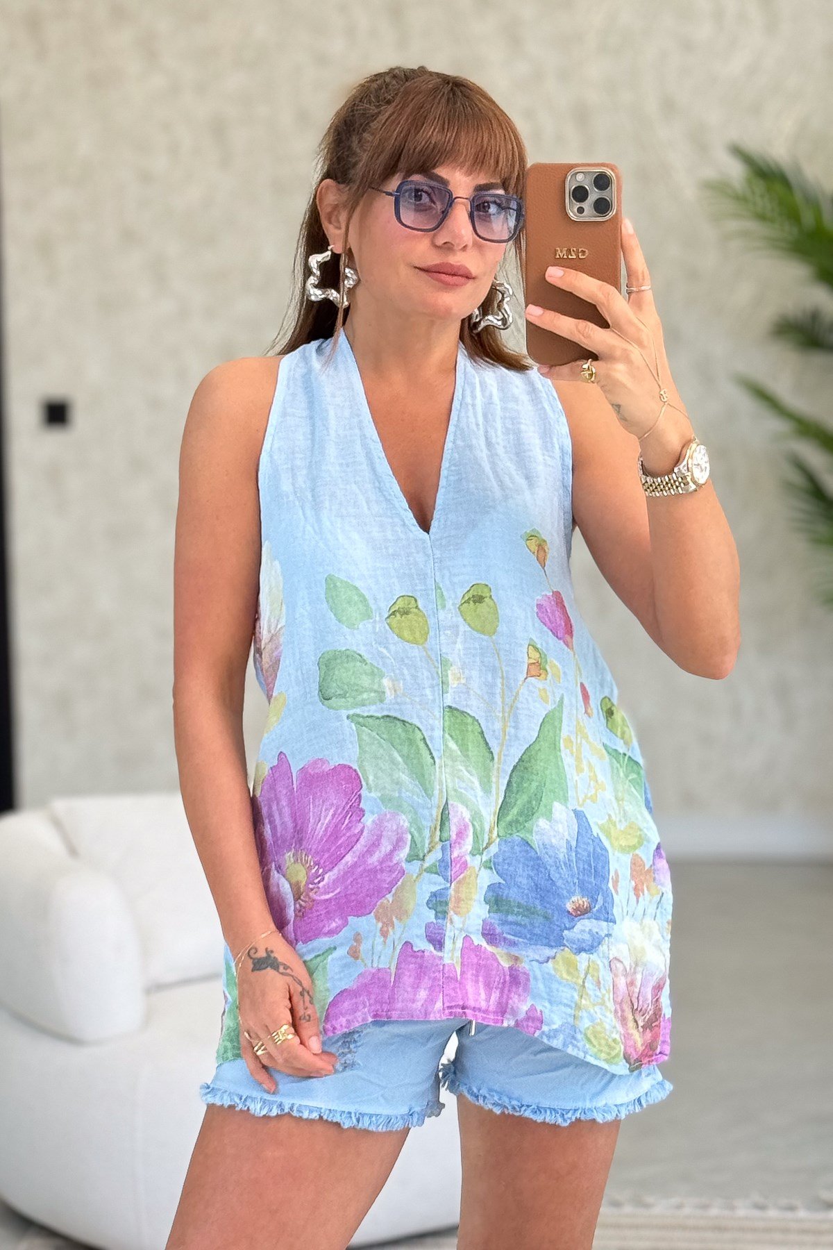Çiçek Desenli Yüzücü Model Keten Bluz Bebe Mavi RenkBLUZ
