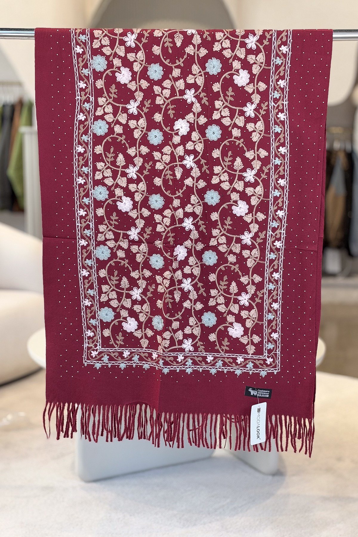 Çiçek Nakış İşlemeli Taş Baskılı Kaşmir Şal Bordo RenkŞAL & FULAR